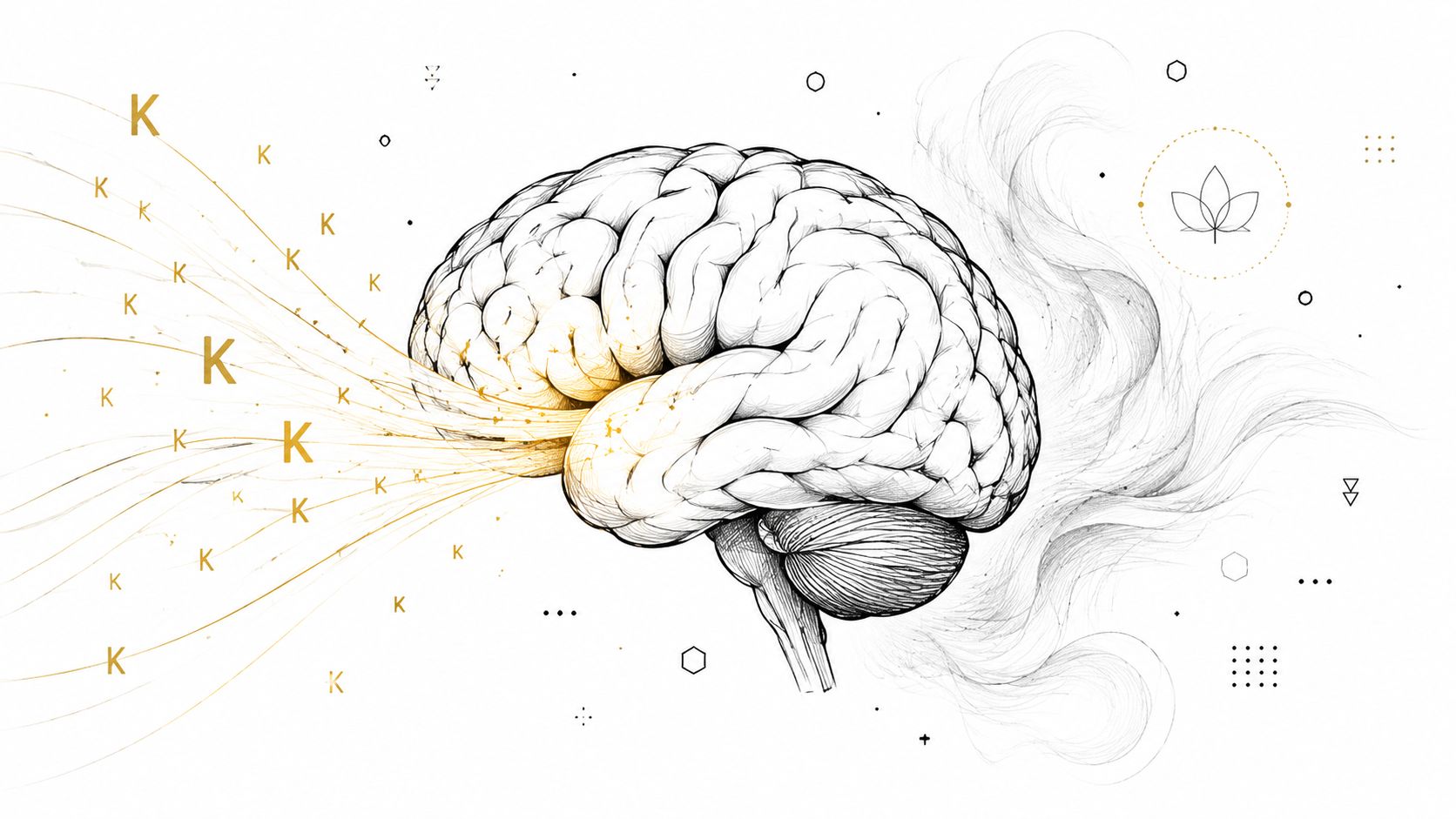 A line art illustration of a human brain with gold-colored ketones entering and reducing inflammation-like smoke.