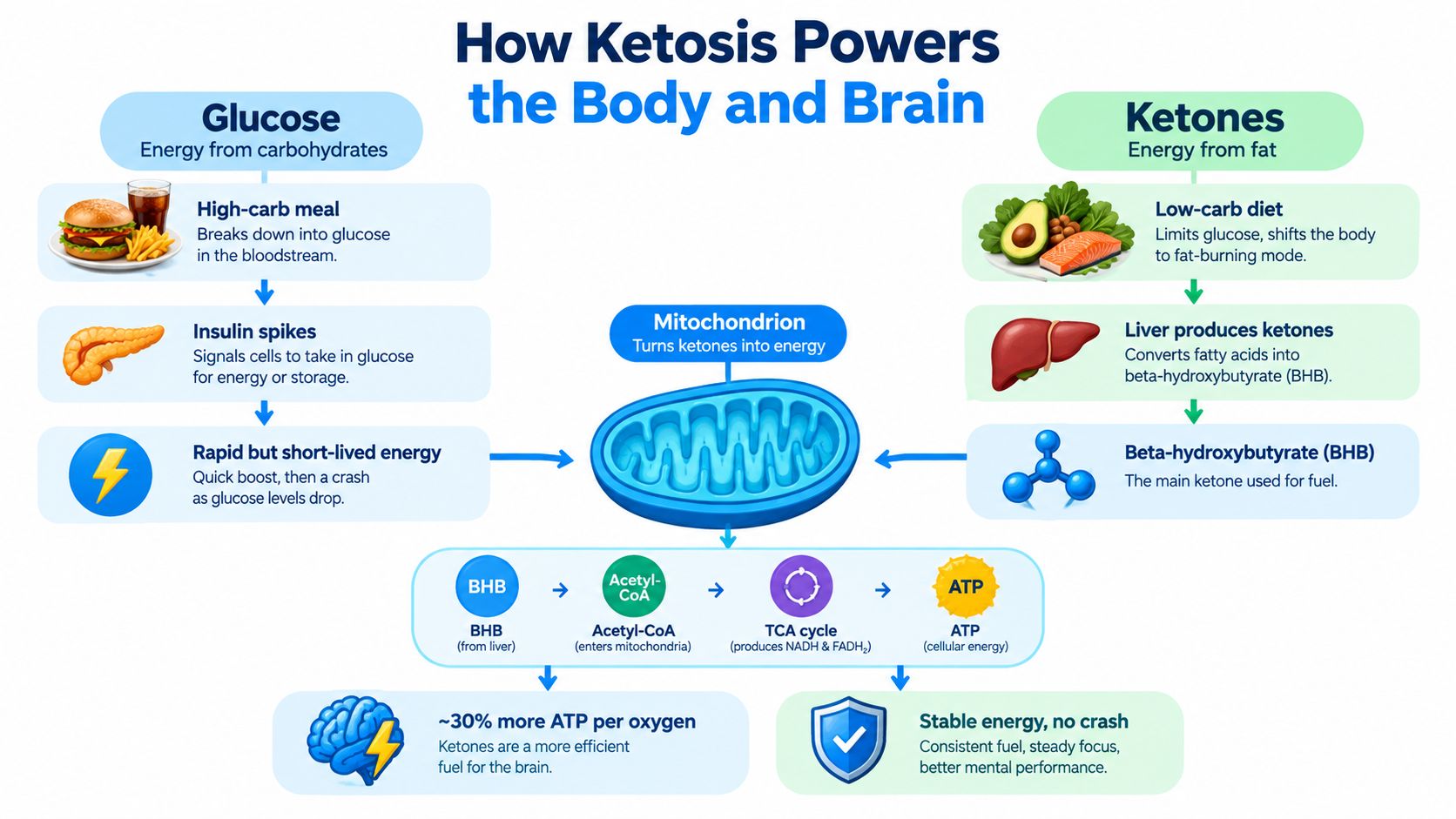 A diagram illustrating how ketosis works by comparing glucose energy and ketone production in the body.
