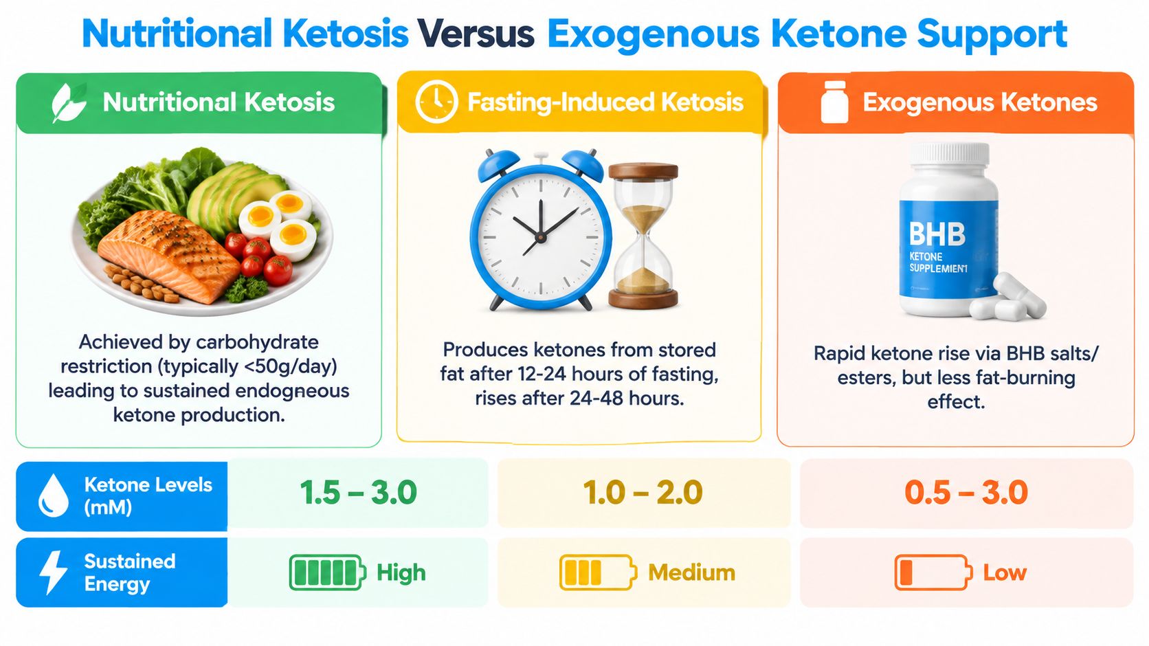 A comparison chart showing nutritional ketosis, fasting-induced ketosis, and exogenous ketone supplements with associated energy levels.