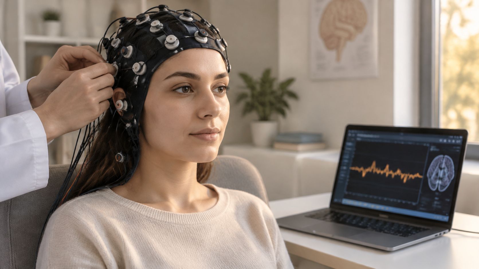 A technician applying an EEG cap on a patient for a neurofeedback therapy session in a clinic.