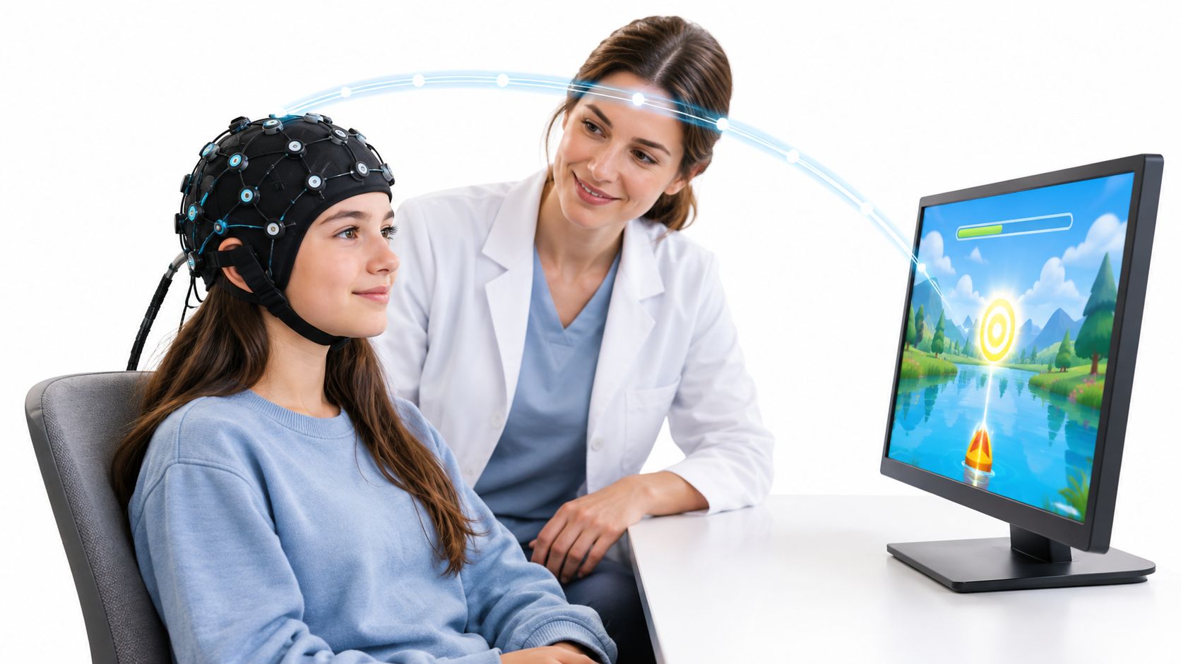 A teenage girl with a neurofeedback eeg cap on her head recording the brain's electrical signals playing a game on a monitor with a clinician observing and both are smiling. This represents neurofeedback in katy, tx.