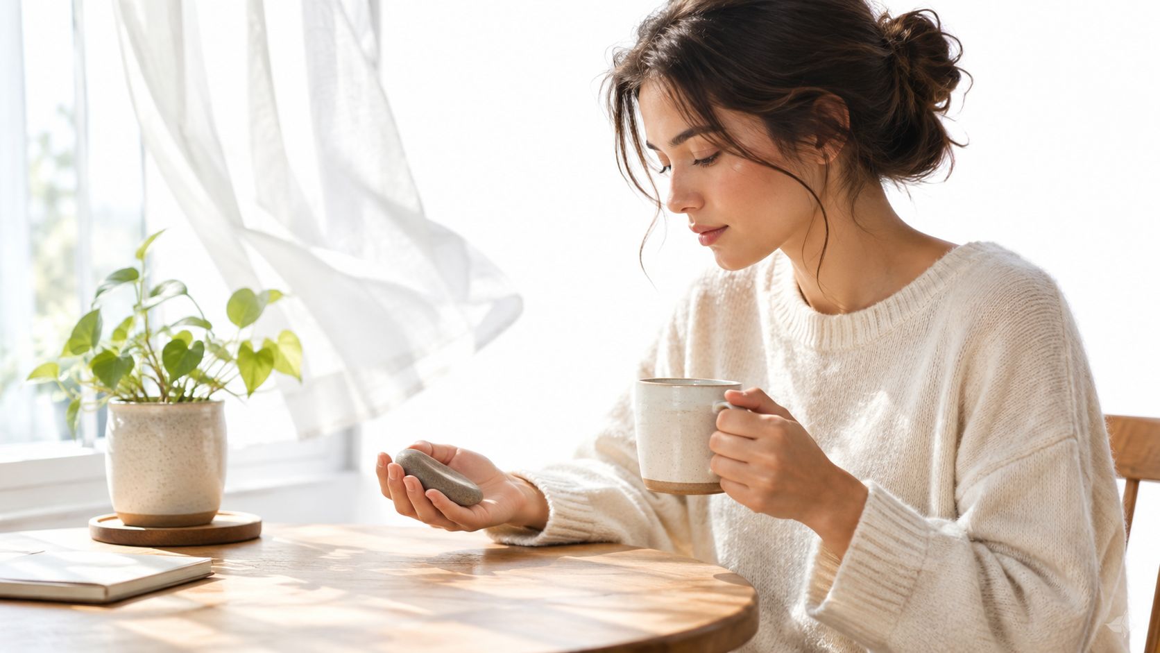 A woman sitting at a kitchen table in her house with a plant on her table and she has a mug of coffee in one hand, a flat stone in another, and is looking at the stone. 