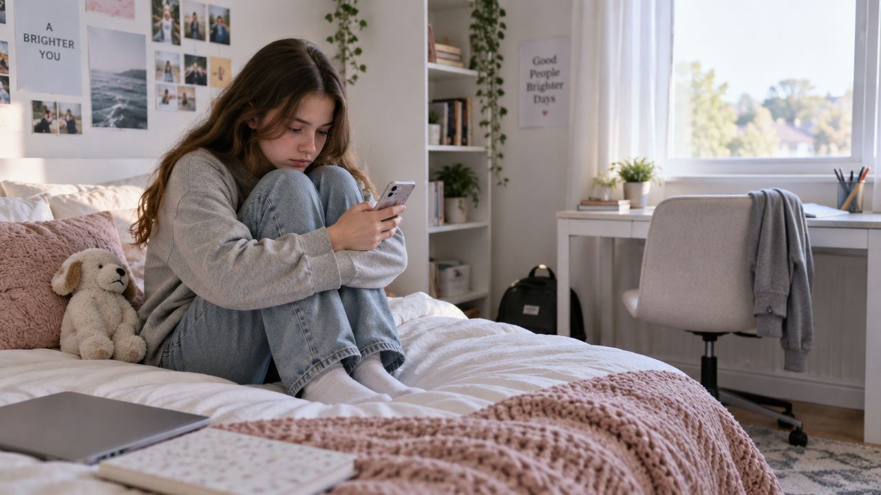 A lonely teenage girl sitting on her bed, looking down at her smartphone with a sad expression.