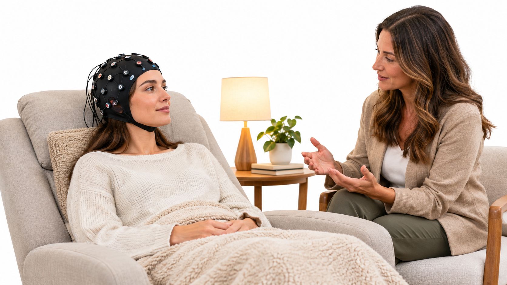 Client and therapist discussing neurofeedback as part of a trauma-informed care plan for teens in Katy, Texas.