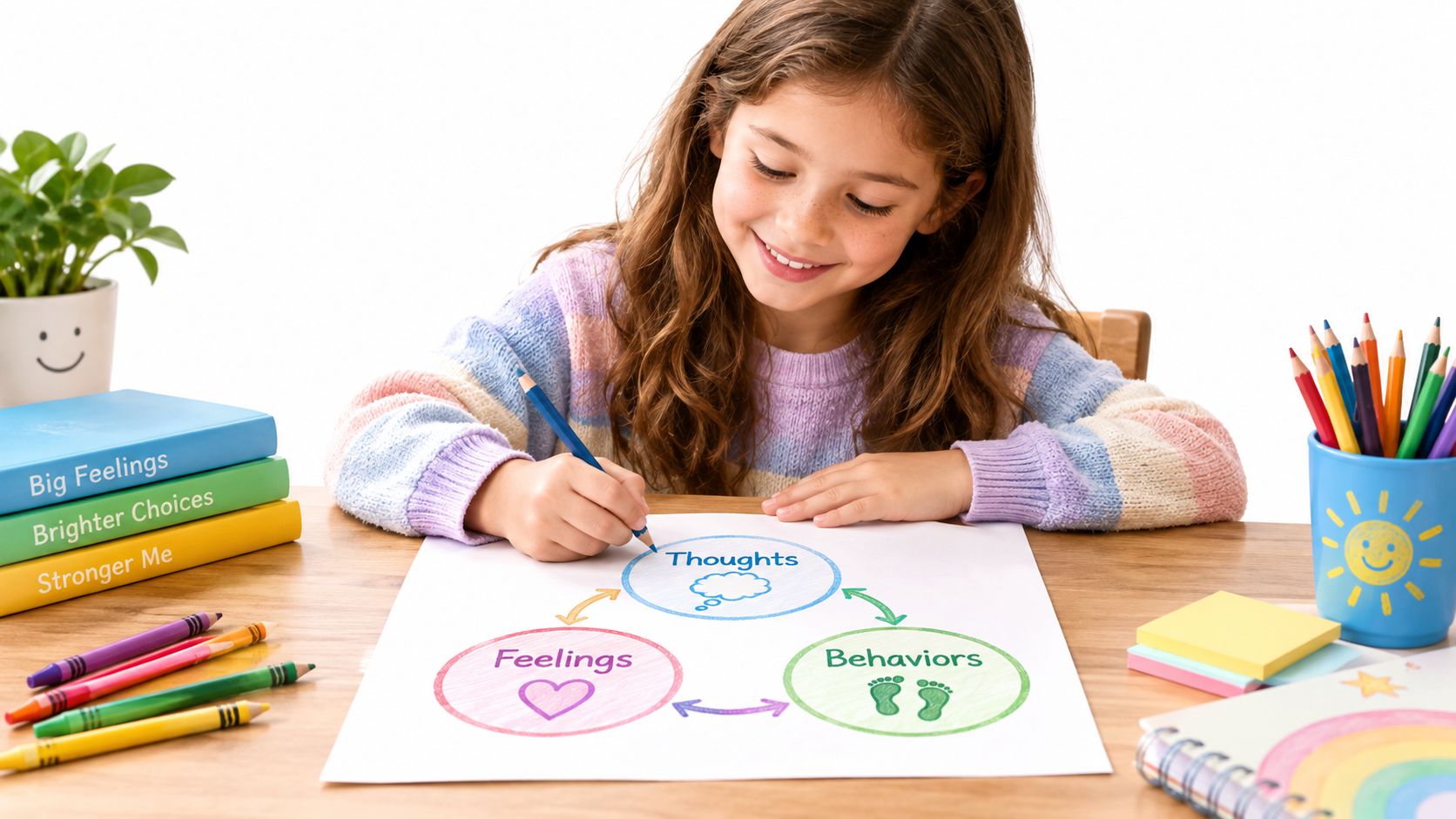 A happy young girl coloring a cognitive behavioral triangle chart on paper at a wooden desk.