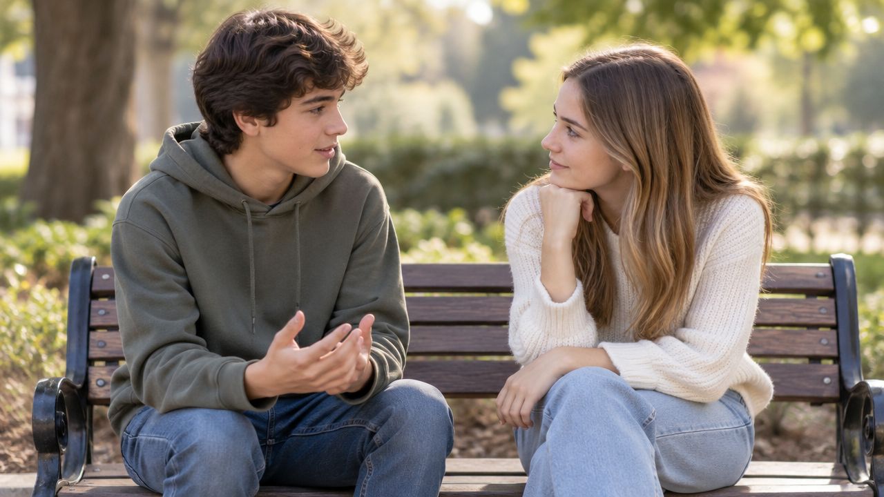 A young teenage couple having a deep and engaging conversation while sitting together on a wooden park bench. This represents the need for anxiety counseling for teens katy, tx.
