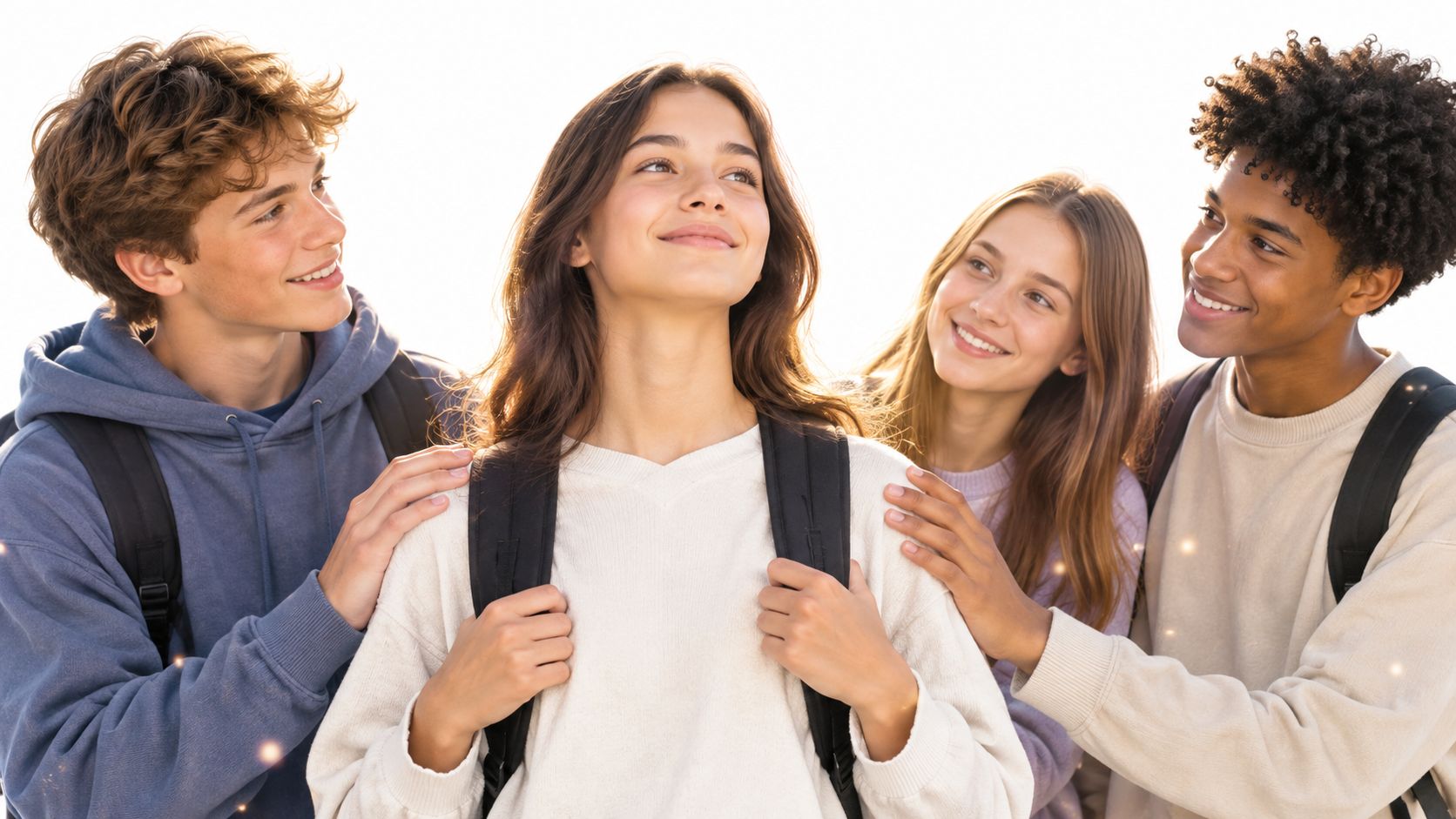 A group of teenagers smiling with their hands on one teenager in a show of support.
