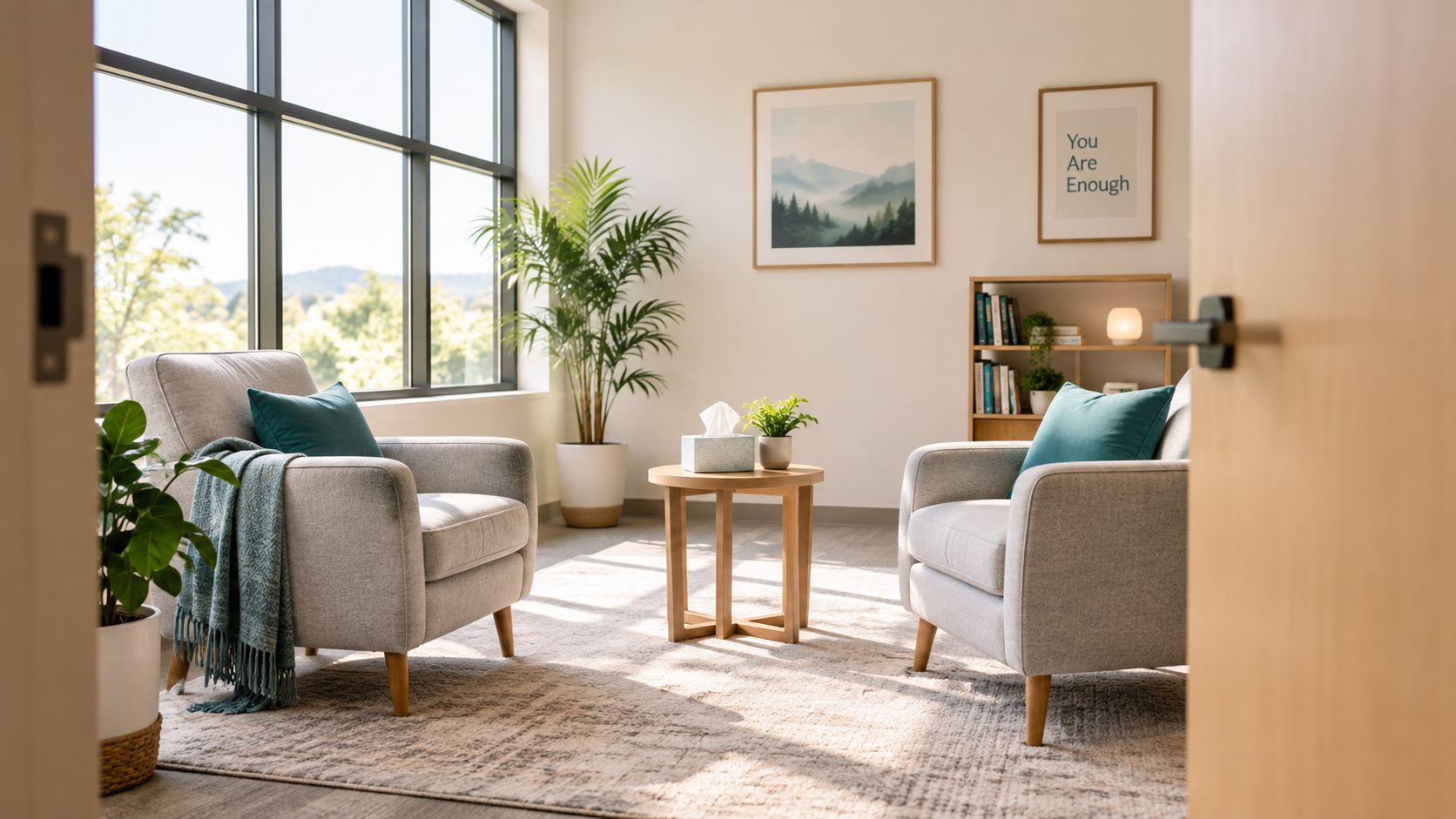 A peaceful therapy office with two comfortable grey armchairs, a small wooden coffee table, and greenery.