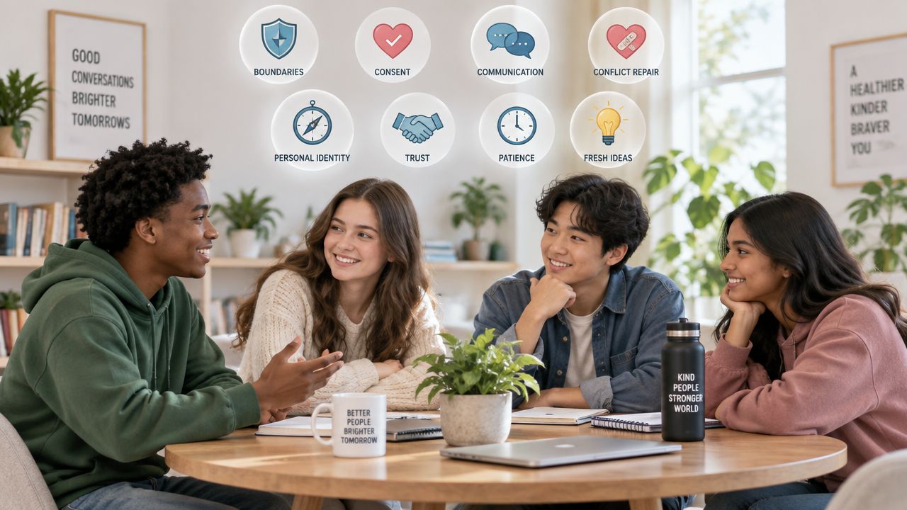 A group of young adult sitting at a table smiling.