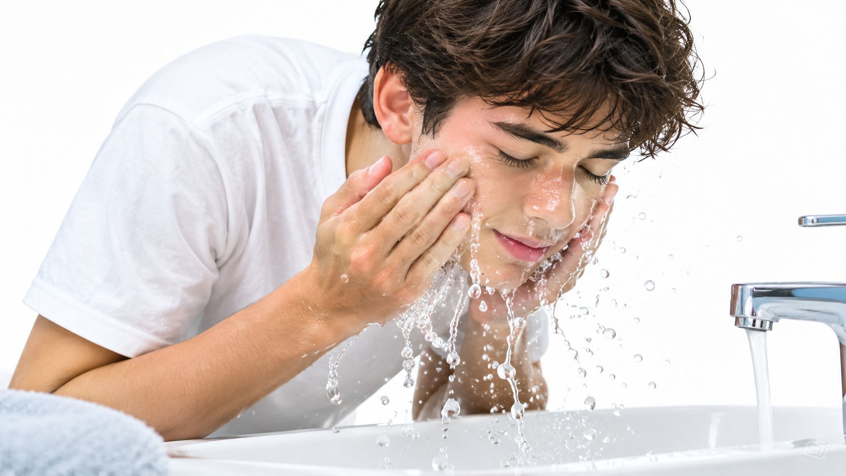 A teenager washing his face with refreshing water over a bathroom sink, promoting self-care and mental wellness.