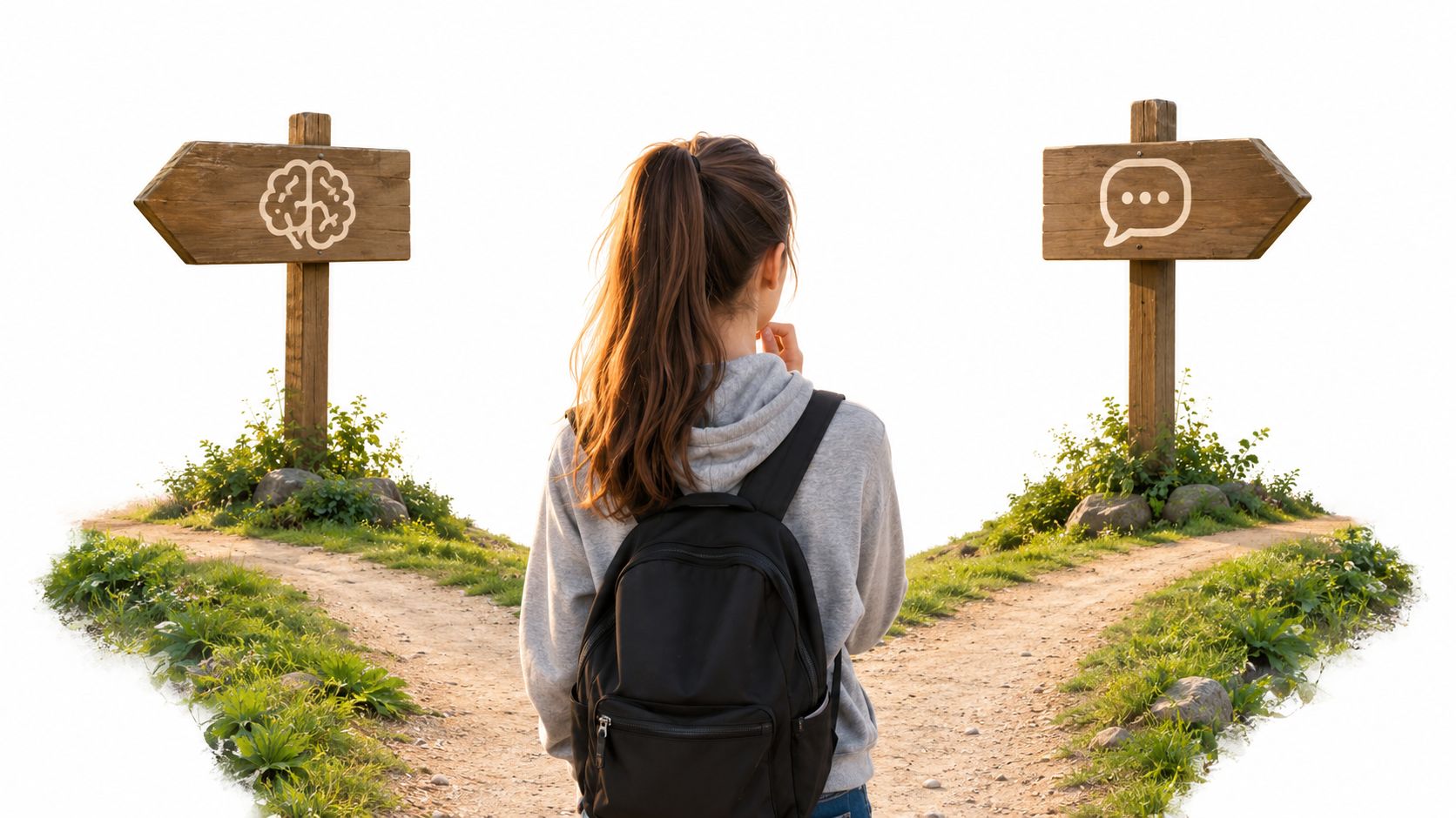 A teenage girl standing at a fork in the road with a wooden sign with a brain imprinted on it to the left and a quotation box on the sign to the right with ellipses in the quotation box.