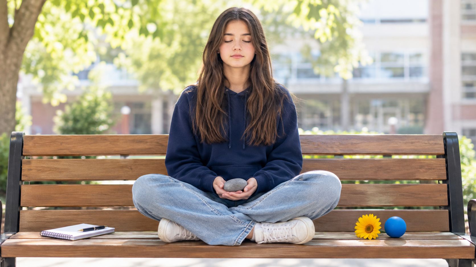 A teenage girl sitting in the lotus position holding a stone in both of her hands with her eyes closed meditating. This represents the need for teen counseling in katy, tx.