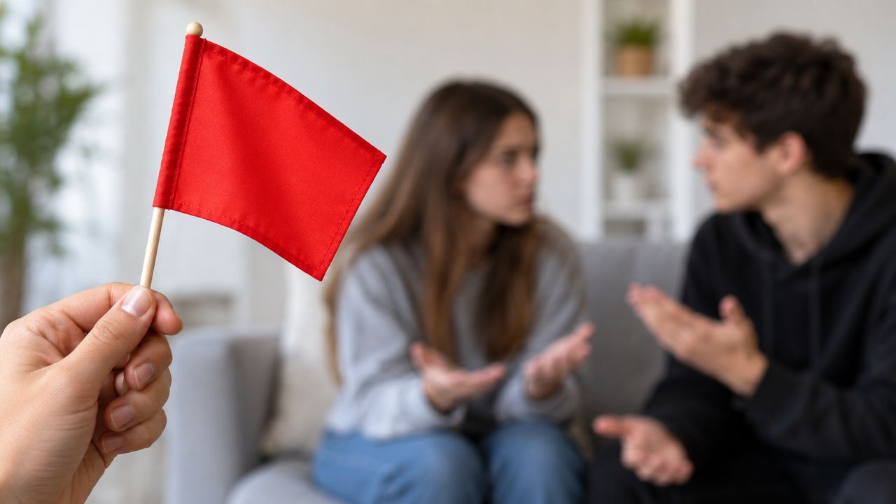 A hand holding a red flag in front of a teenage couple having a serious conversation indoors. This represents the need for couples counseling katy, tx and marriage counseling katy, tx.