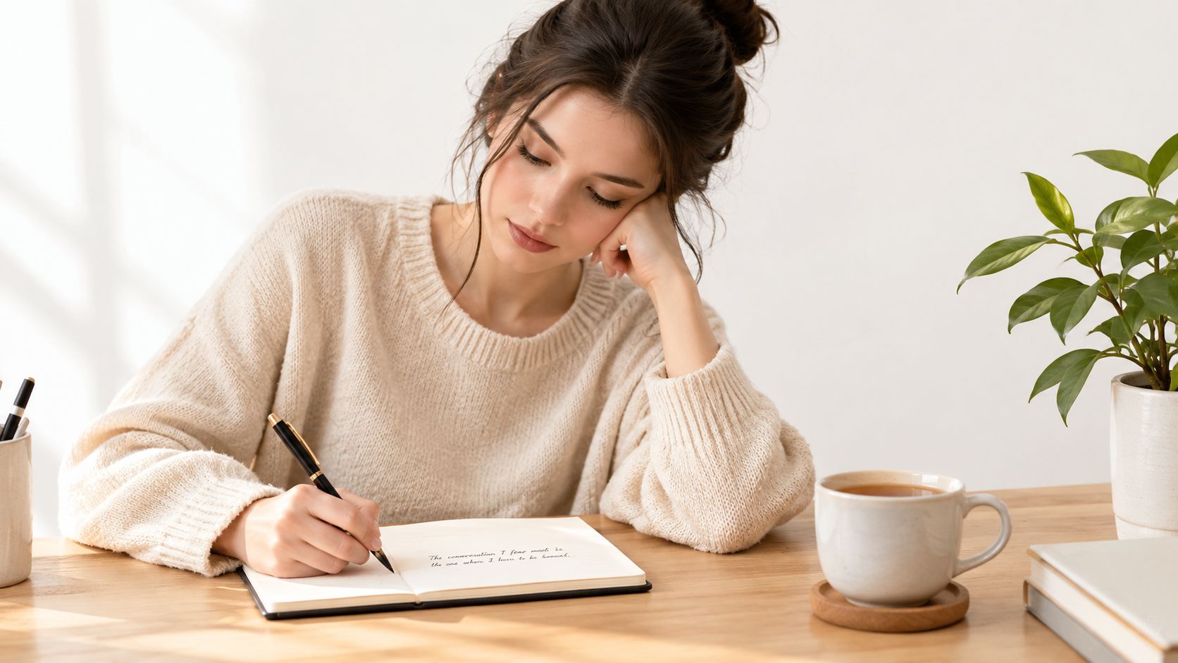 A pensive woman in a cozy sweater writing in a notebook while sitting at a desk.