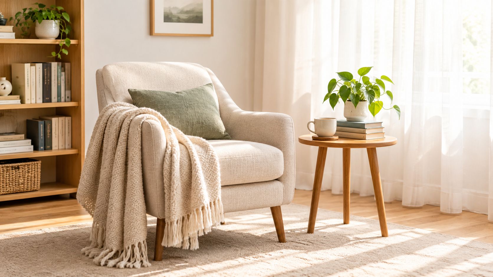 A cozy, sunlit reading corner with a comfortable beige armchair, a soft throw blanket, and a small wooden table. This represents an office of a counselor for teens katy, tx and an office for counselor for young adults katy, tx.