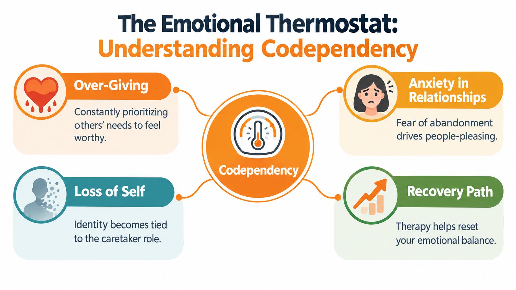 An infographic titled The Emotional Thermostat explaining codependency, including over-giving, anxiety, loss of self, and recovery.