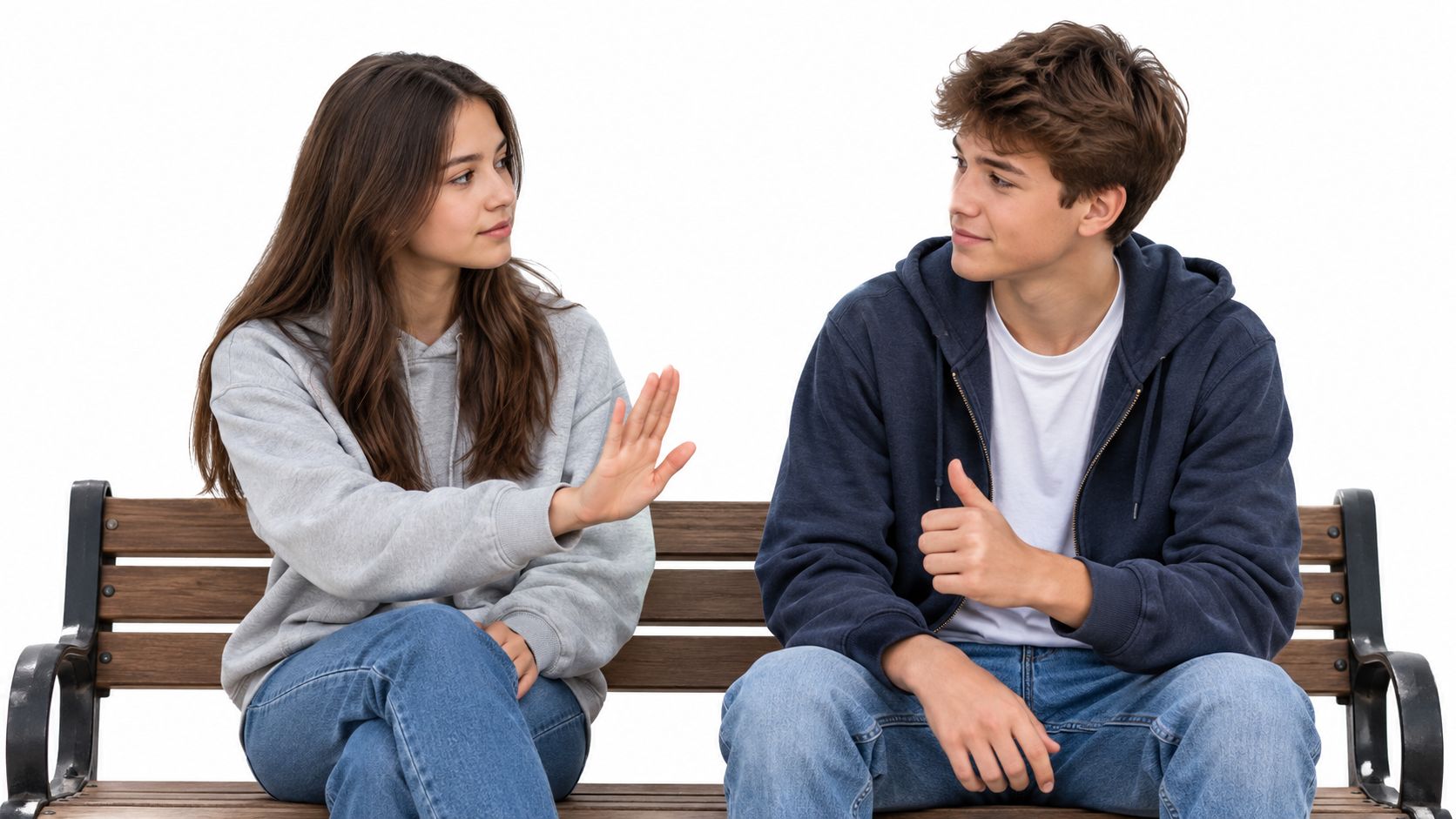 A young teenage girl rejects a boy sitting next to her on a wooden park bench.