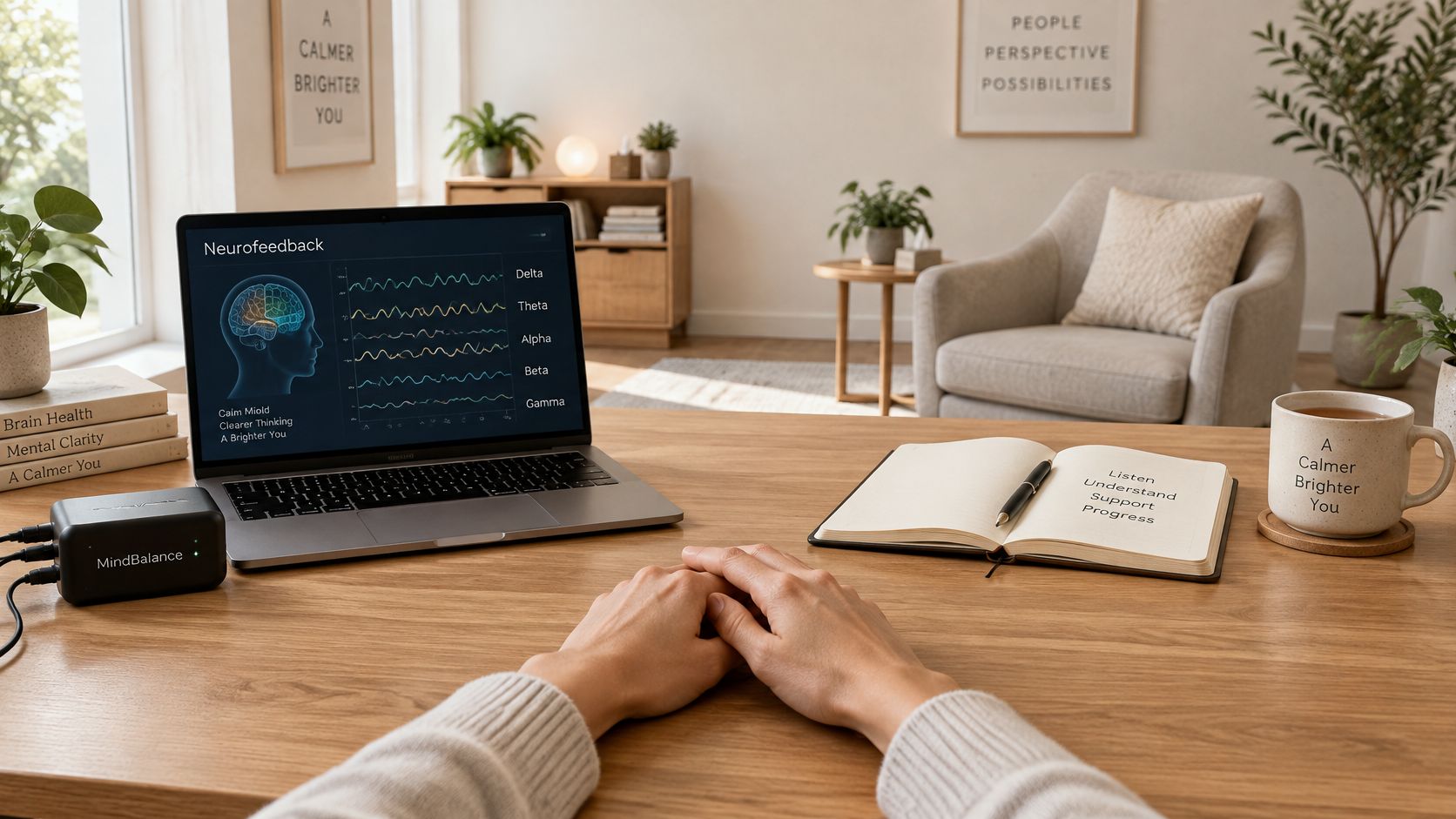 A person sitting at a wooden desk with a neurofeedback laptop monitor and brain health journal.