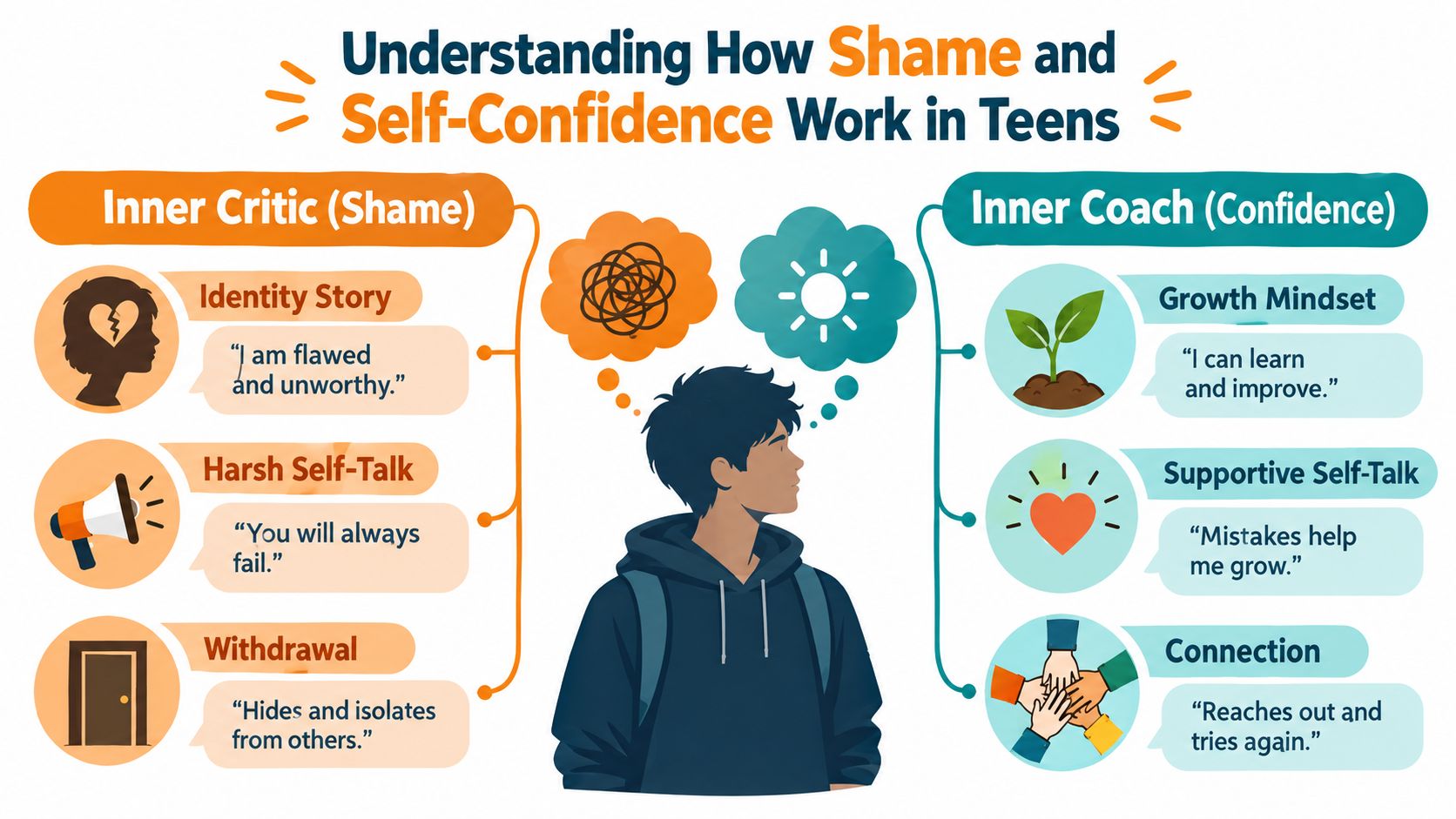 A visual comparison between the Inner Critic representing shame and the Inner Coach representing self-confidence in teens. This represents teen therapy for shame katy, tx and teen therapy for self-esteem katy, tx.