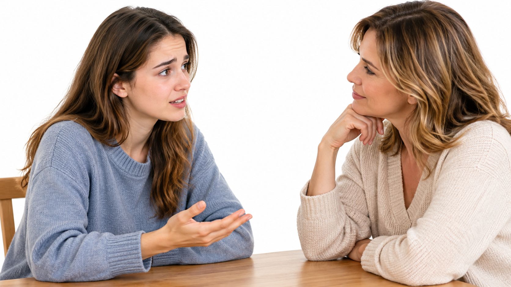 A teenage girl looking worried sitting at a table with her mother talking with her and her mother is smiling. This represents the need for counseling for teenagers katy, tx.