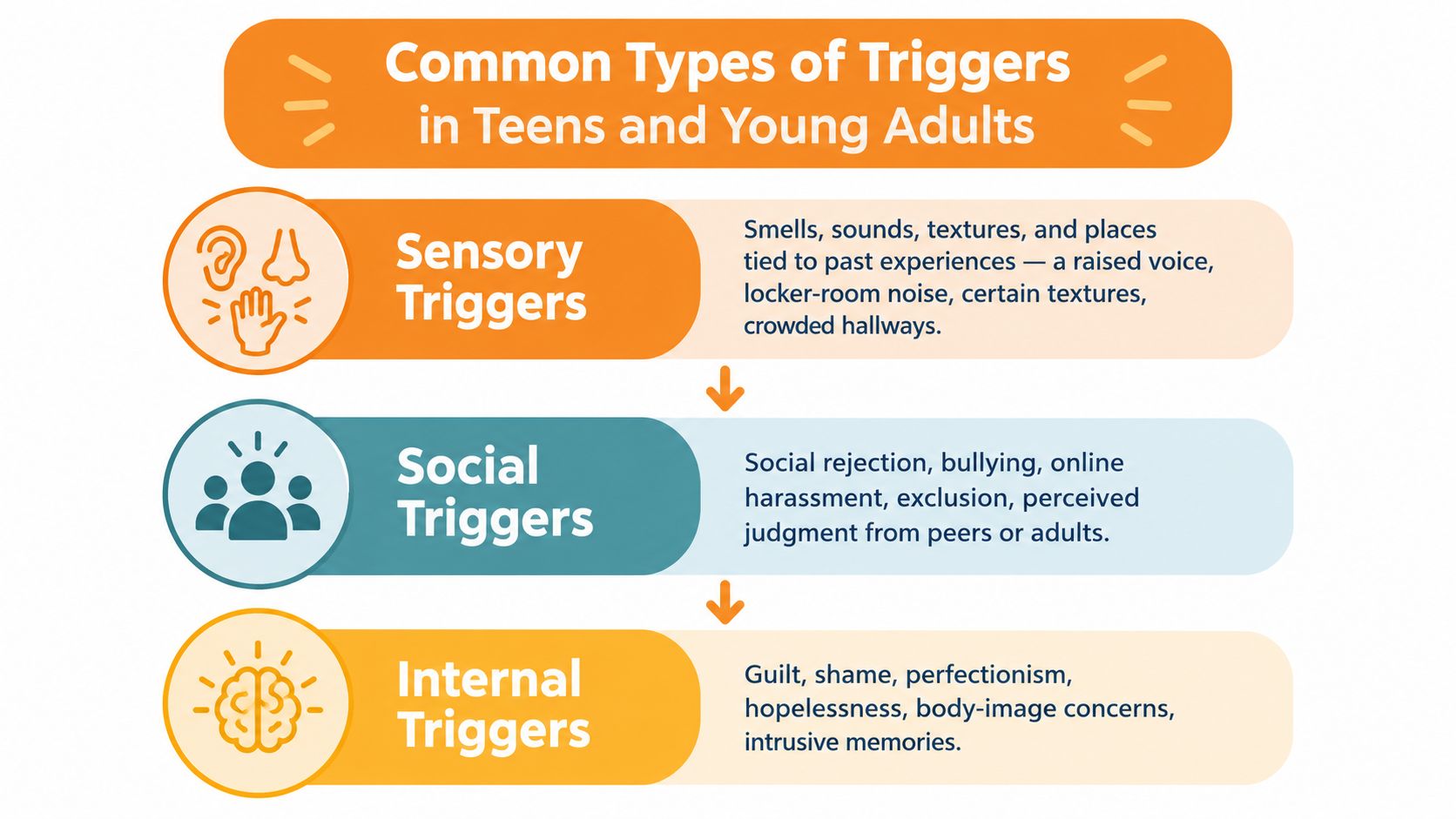 A visual infographic explaining sensory, social, and internal triggers commonly affecting teens and young adults.