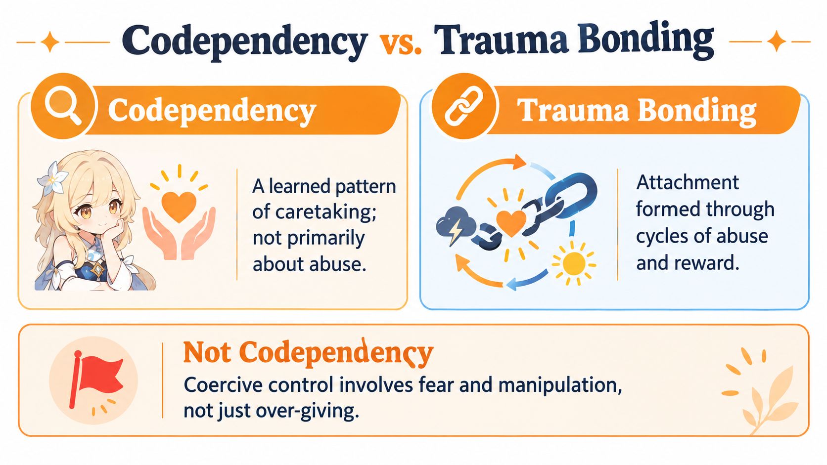 An educational infographic comparing codependency and trauma bonding with illustrations of anime-style caretaking and cyclic abuse chains.