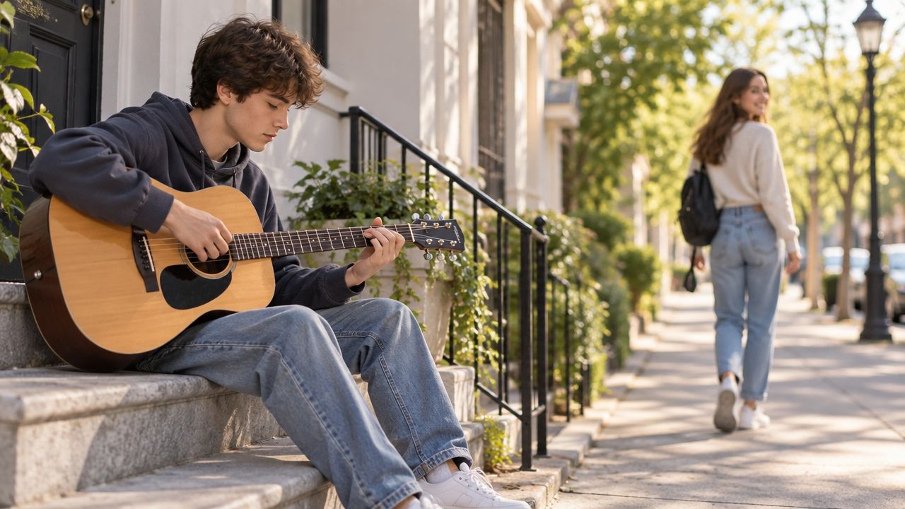 A young man playing an acoustic guitar while sitting on stone steps as a woman walks away. This represents the need for neurofeedback for adhd katy, tx.