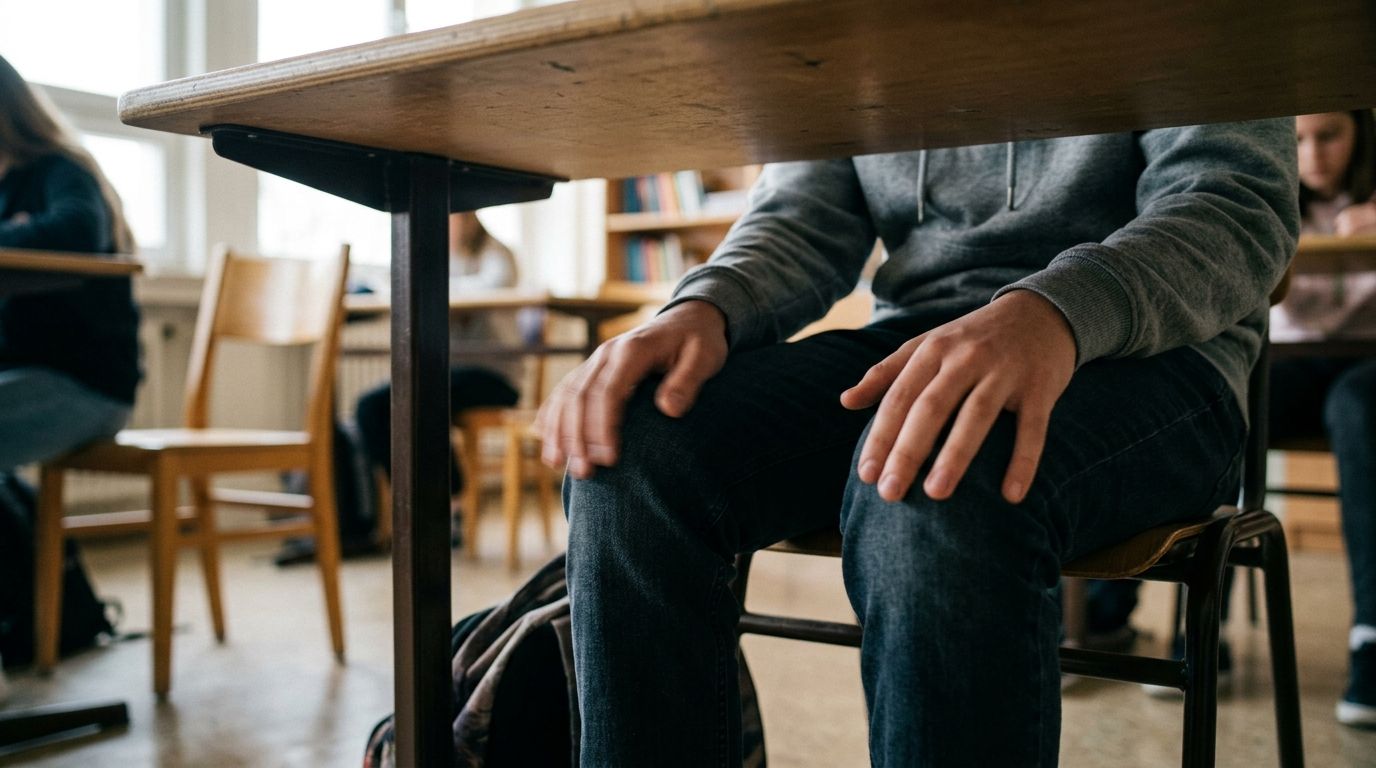 A teenager sitting at a school desk demonstrating a grounding technique by resting hands on knees.