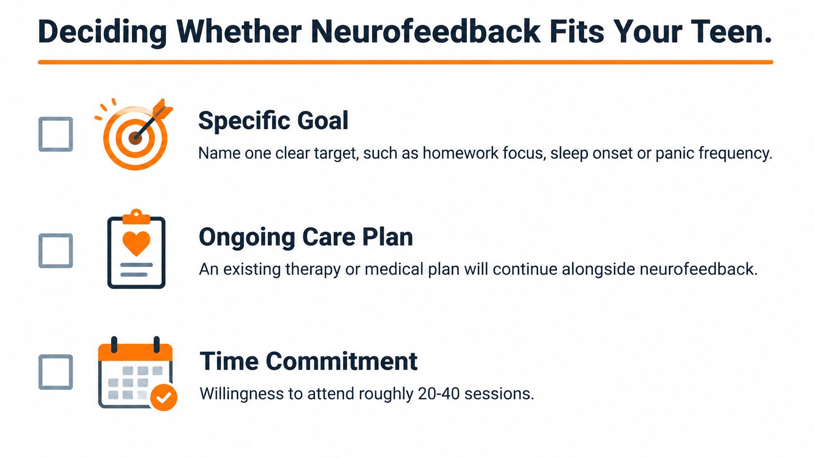 A checklist infographic titled Deciding Whether Neurofeedback Fits Your Teen, highlighting goals, care plans, and sessions.