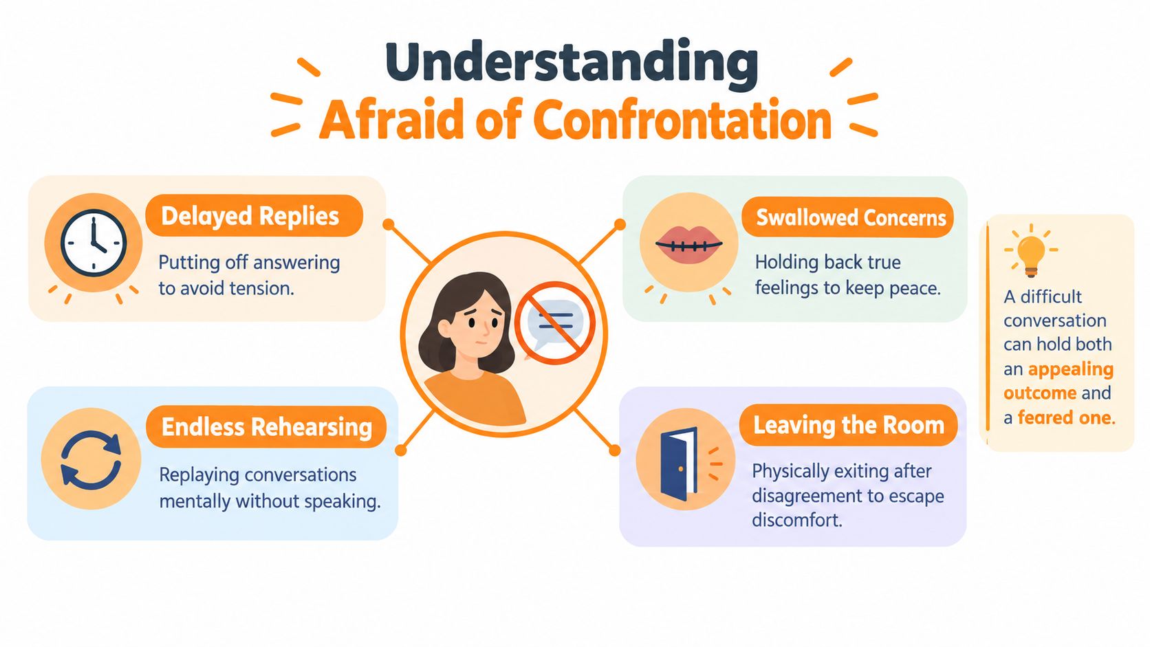 An infographic illustrating four behaviors associated with being afraid of confrontation, featuring a central worried person character.