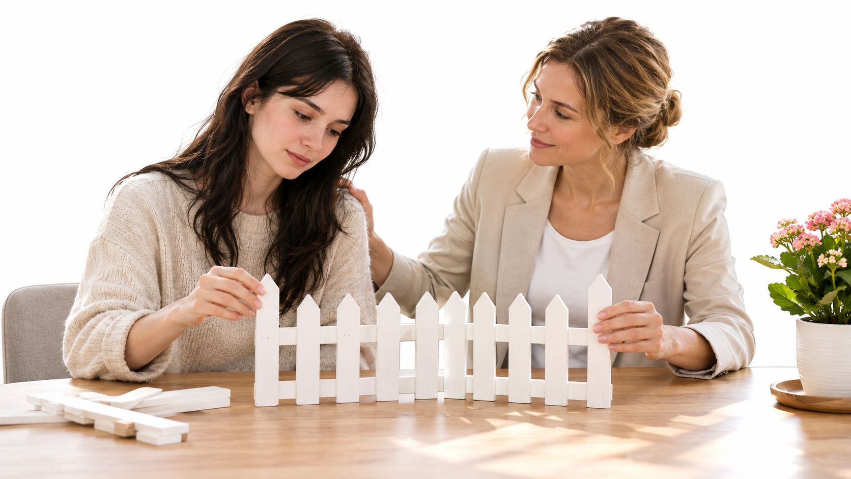 A mother and her young adult daughter sitting at a table holding white picket fence sitting on the table with the mother's hand on her daughter's shoulder.