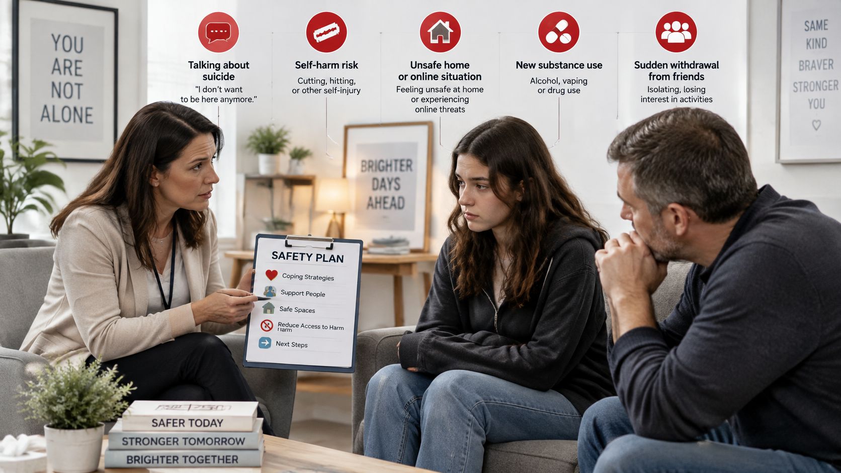 A mental health professional discusses a safety plan with a teenager and her parent in a session.