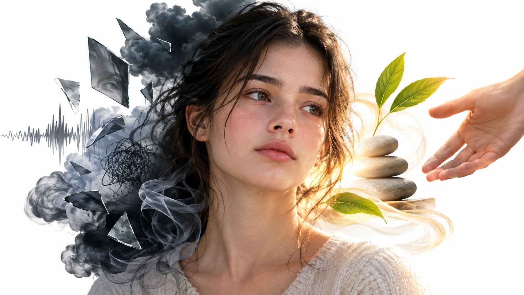 A teenage girl looking off to her left with a calming expression on her face and a hand reaching out to help her.