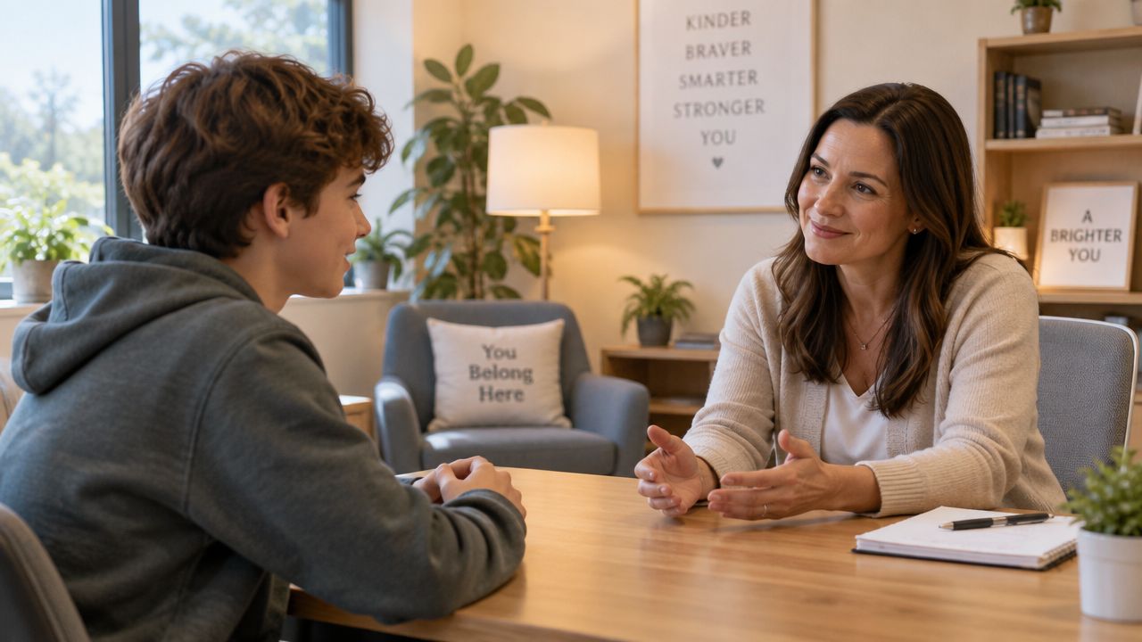 A professional counselor or teacher having a supportive conversation with a teenage boy across a desk.