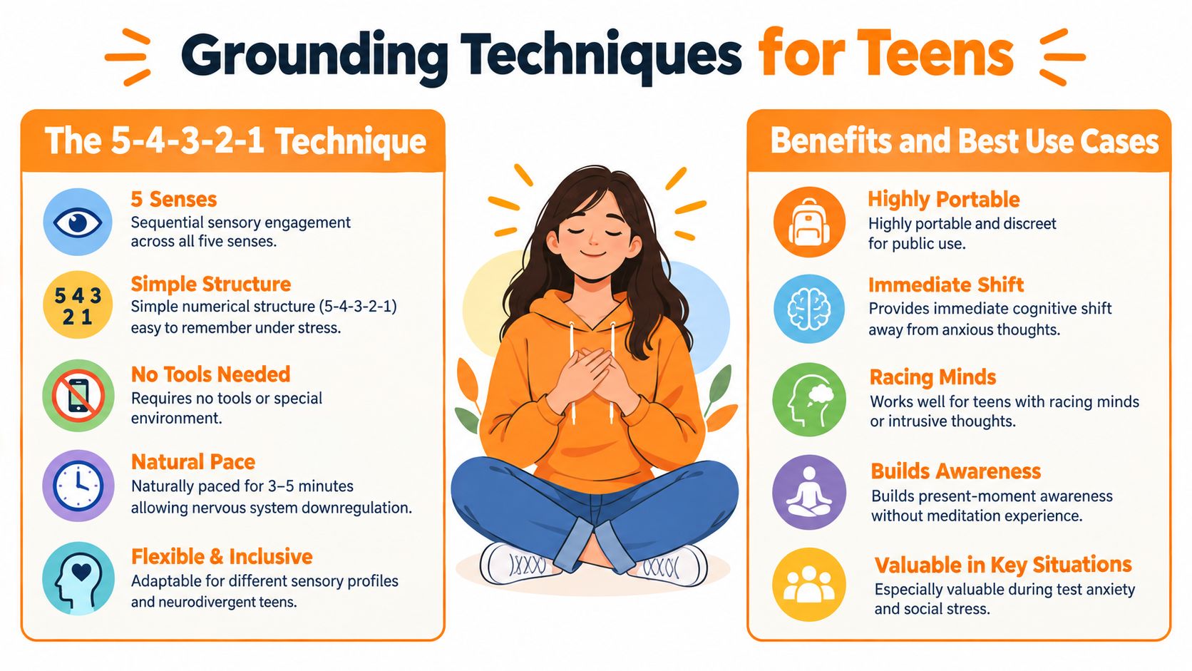 An infographic detailing the 5-4-3-2-1 grounding technique with benefits and instructions for helping anxious teens.