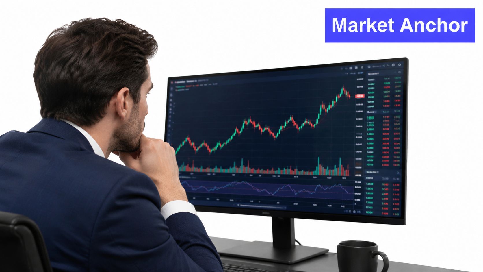 A professional man in a business suit reviewing complex financial cryptocurrency charts on a computer monitor.
