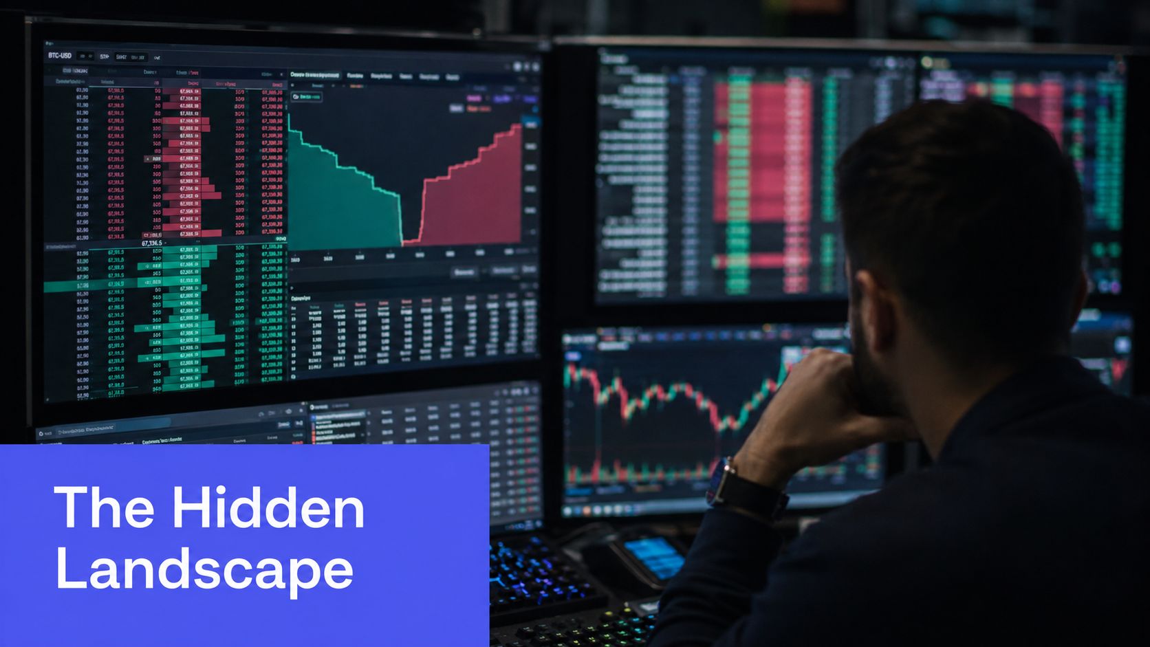 A professional trader observing multiple computer screens showing complex financial charts and depth of market data.