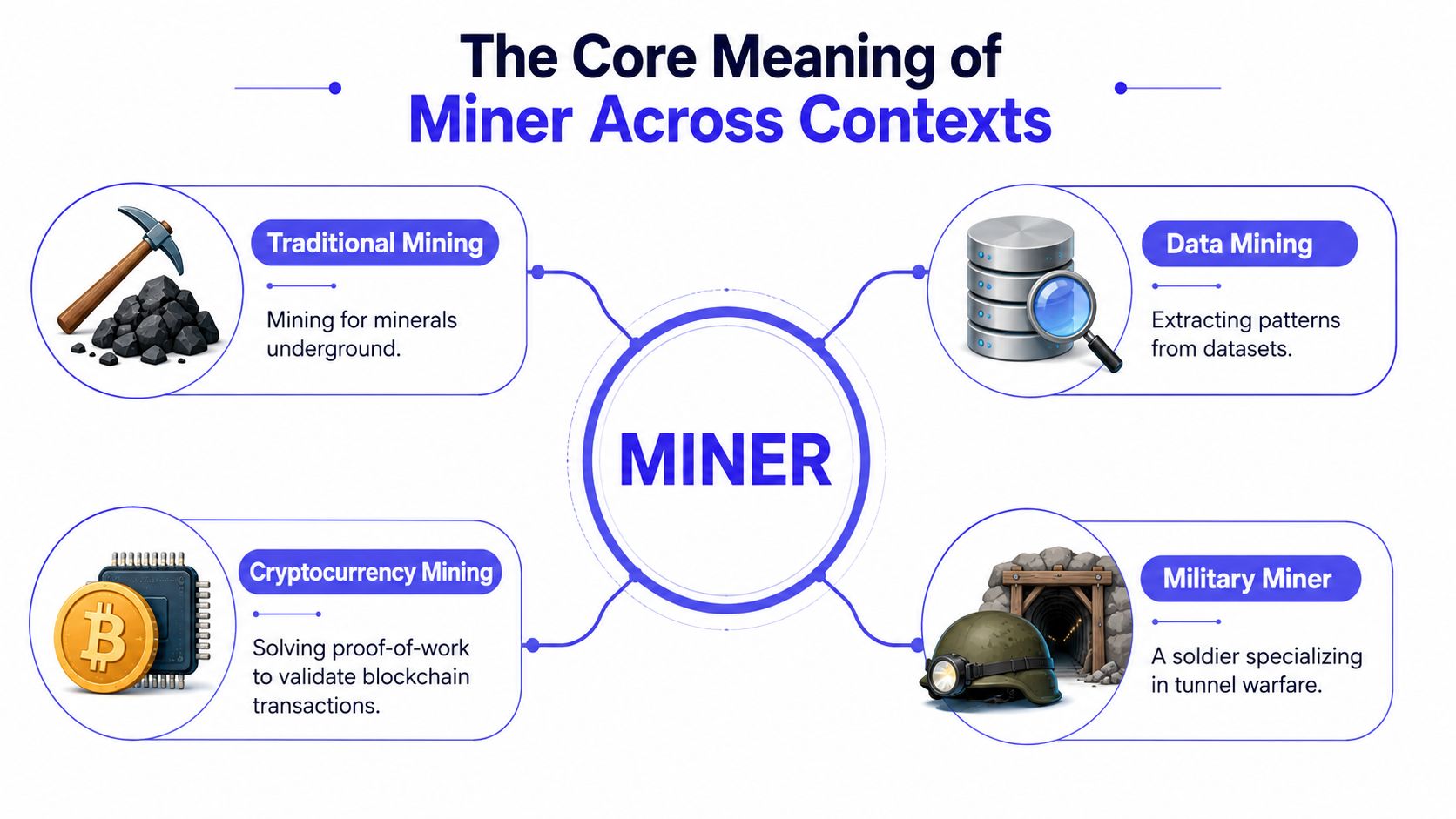 A diagram illustrating the four distinct meanings of the word miner across different professional contexts.