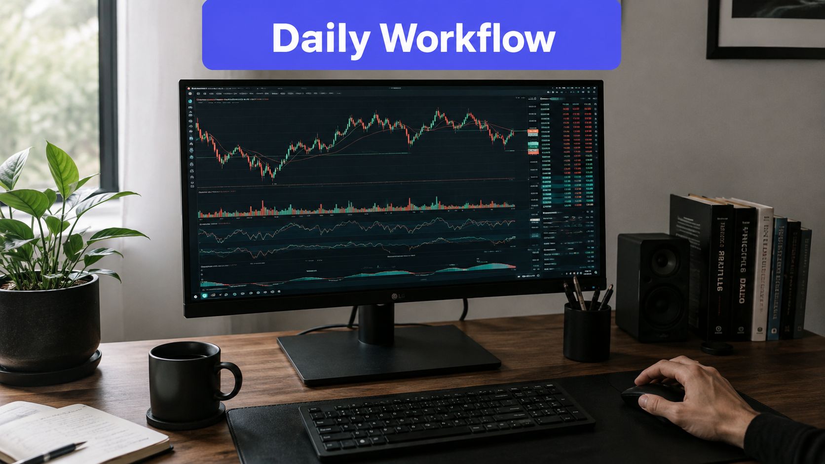 A professional home workspace featuring a desktop monitor displaying financial market charts and analysis data.