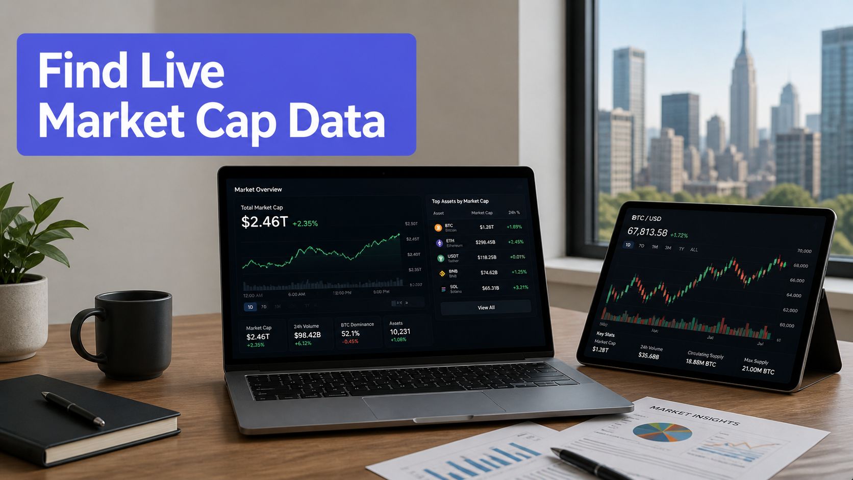 A professional workspace featuring a laptop and tablet displaying live cryptocurrency market data and financial charts.