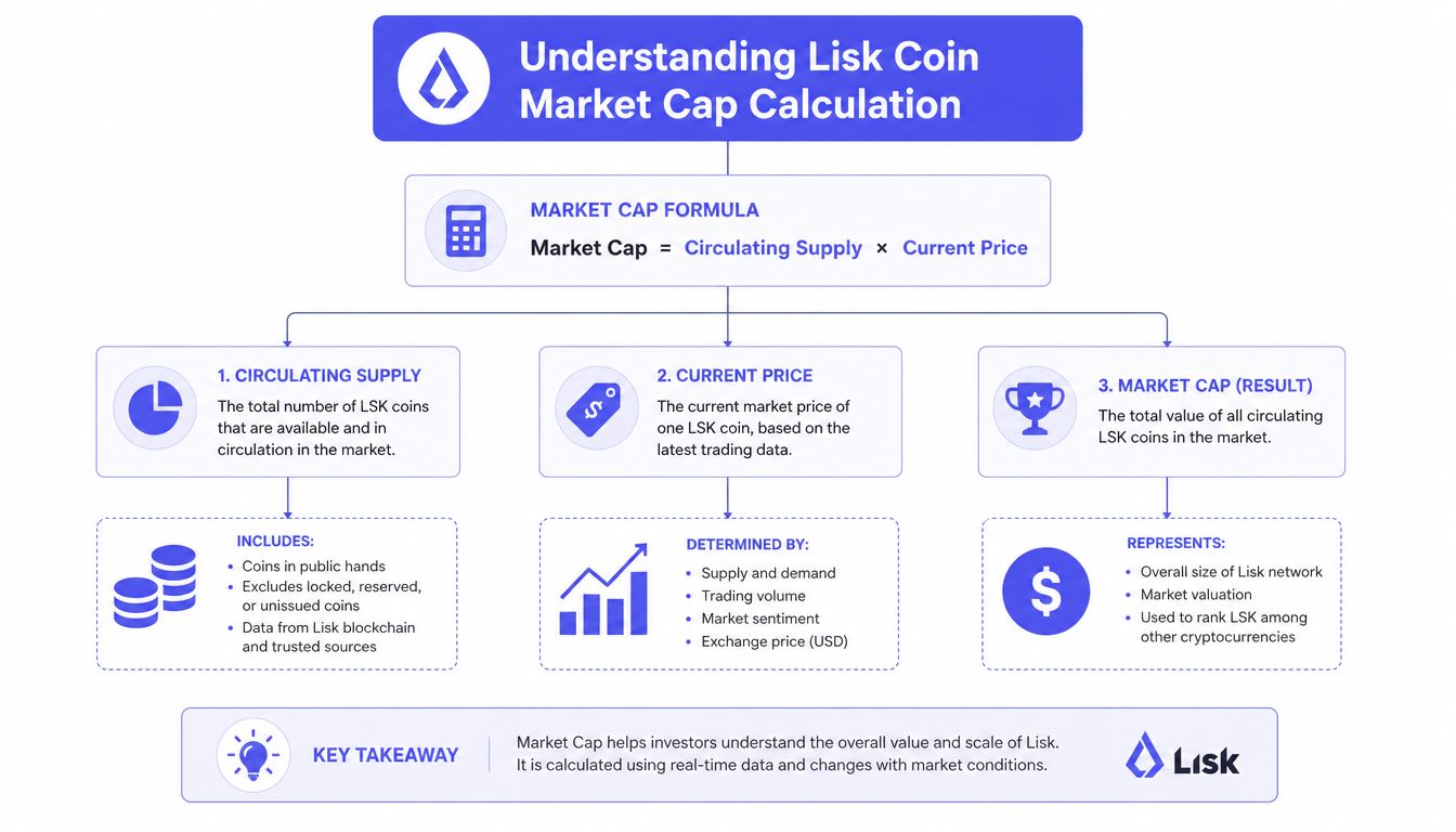 An infographic explaining the Lisk coin market cap formula, including circulating supply, price, and overall valuation.