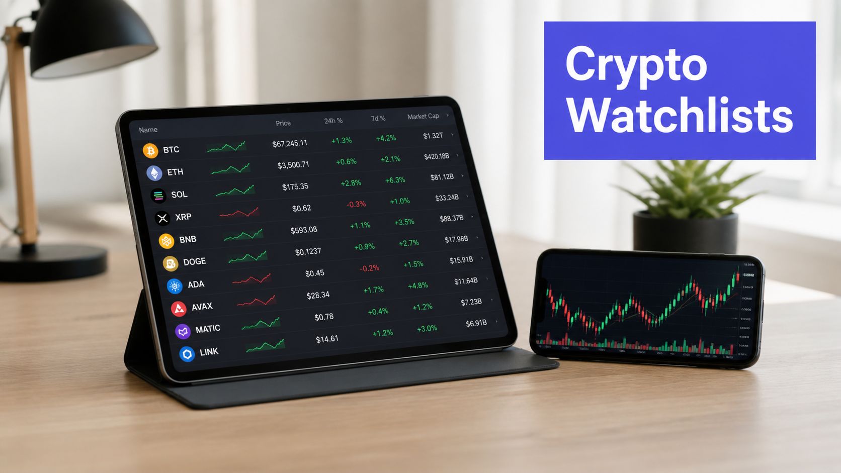 A tablet and smartphone displaying cryptocurrency price charts and market data on a wooden office desk.