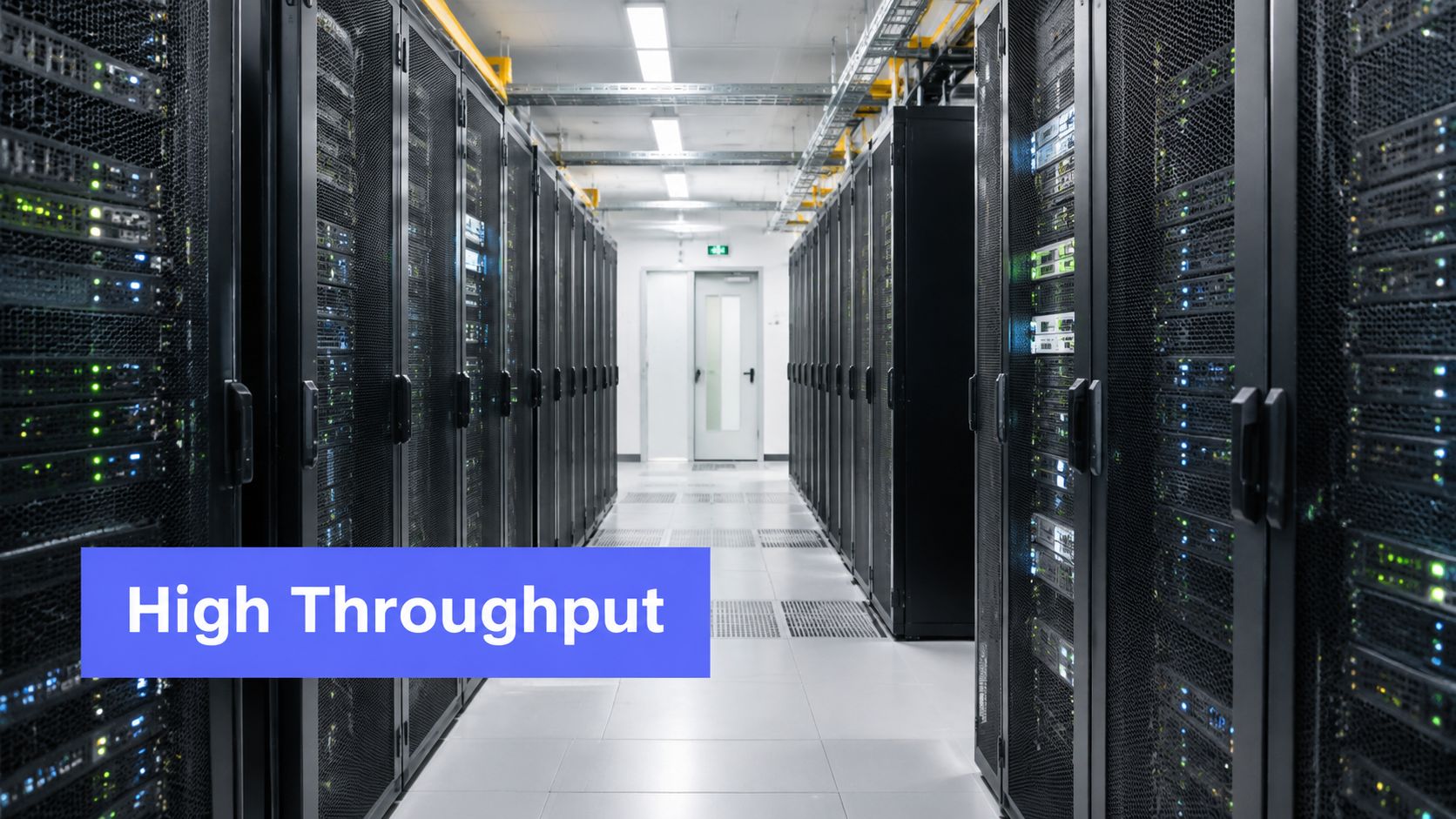A long aisle inside a modern data center with rows of server racks and blinking indicator lights.