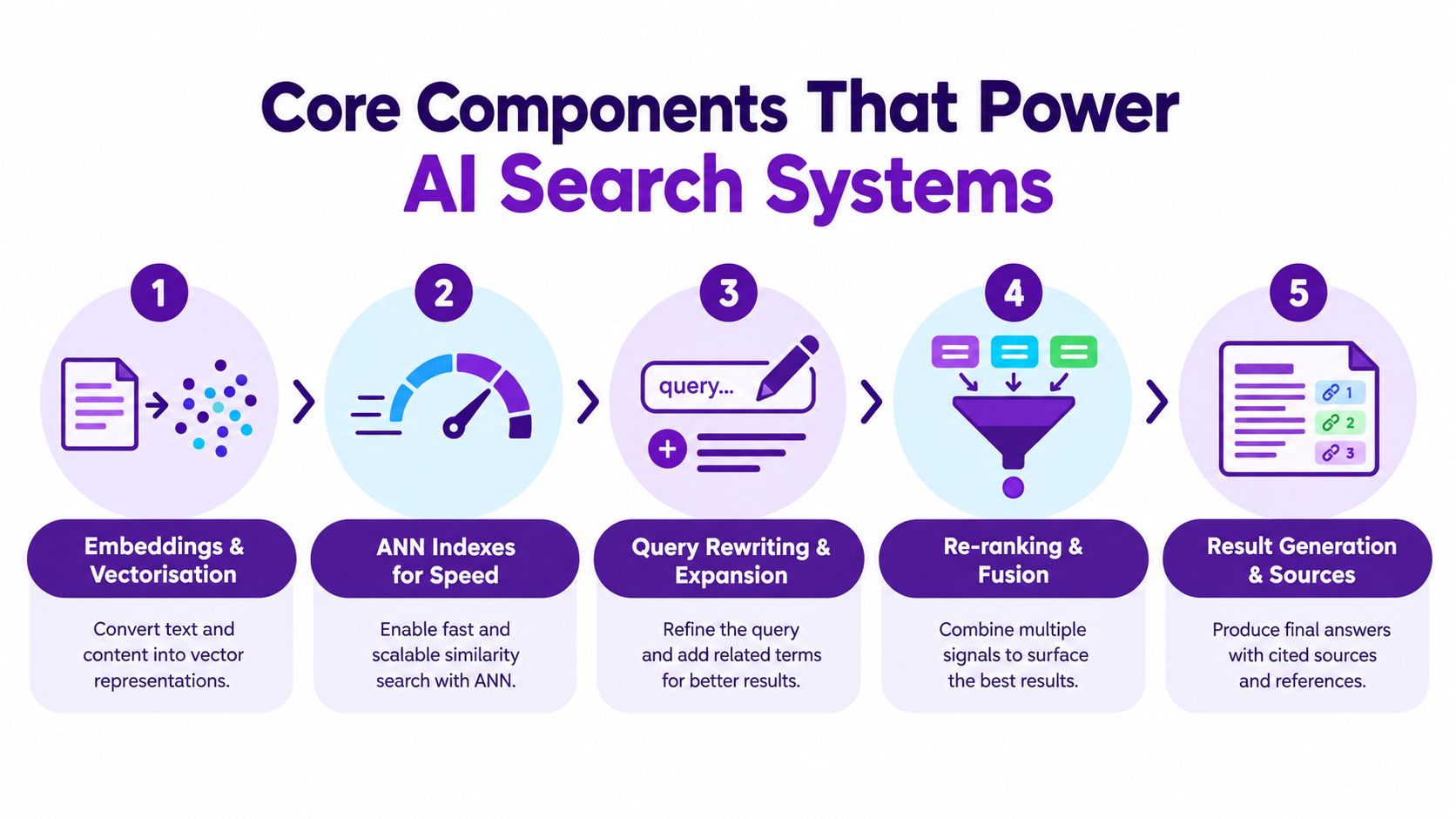 A five-step infographic showing the core components that power AI search systems from vectorization to final results.