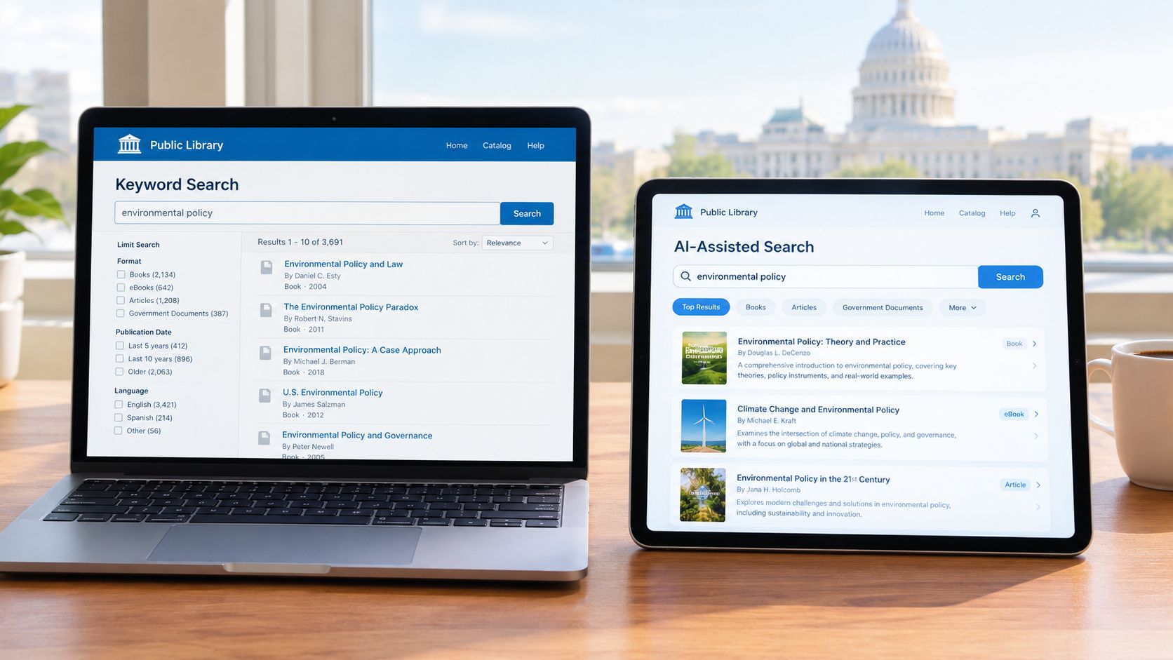 A laptop and a tablet displaying public library search interfaces on a desk near a window.