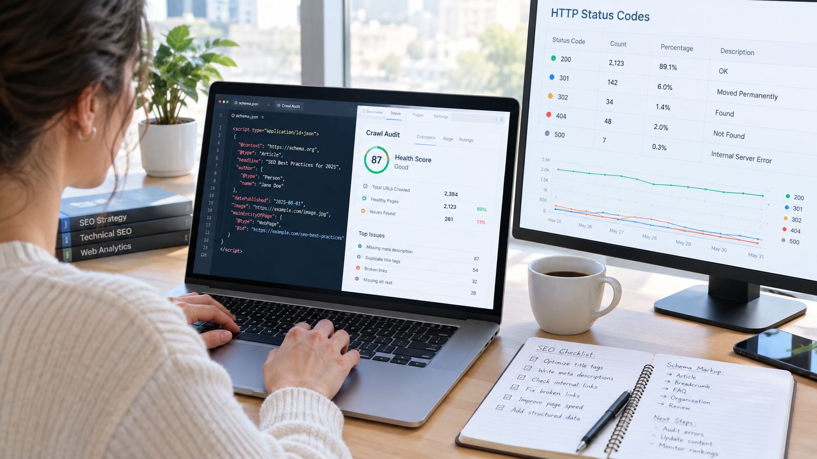 A professional working on SEO website analysis using a laptop and a desktop monitor displaying data.