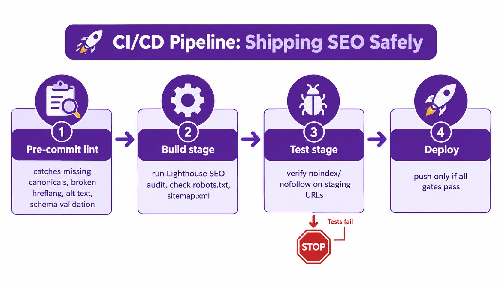 A diagram illustrating a four-stage CI/CD pipeline for incorporating SEO best practices into web development workflows.