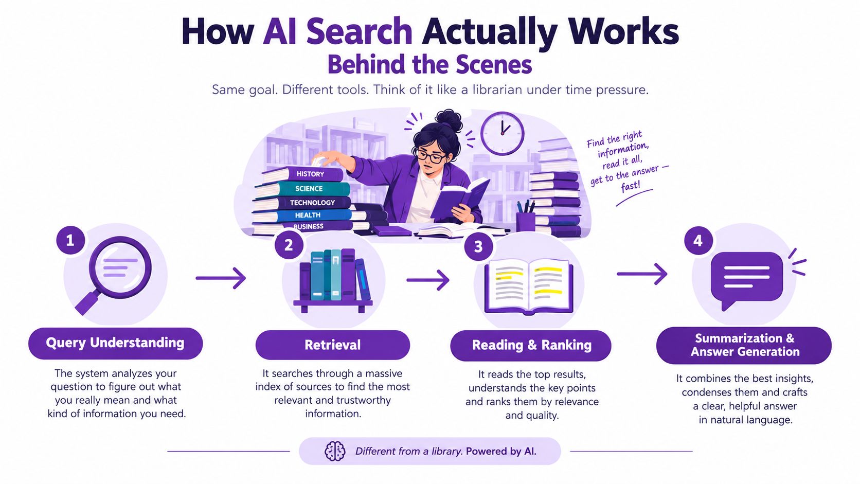 An infographic illustrating the four stages of how AI search works, from query understanding to final answer generation.