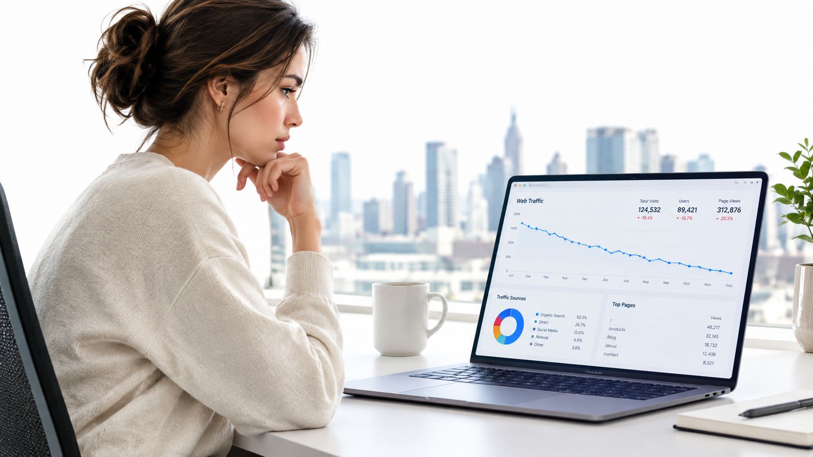 A focused professional woman analyzes web traffic data on her laptop in a modern bright office.