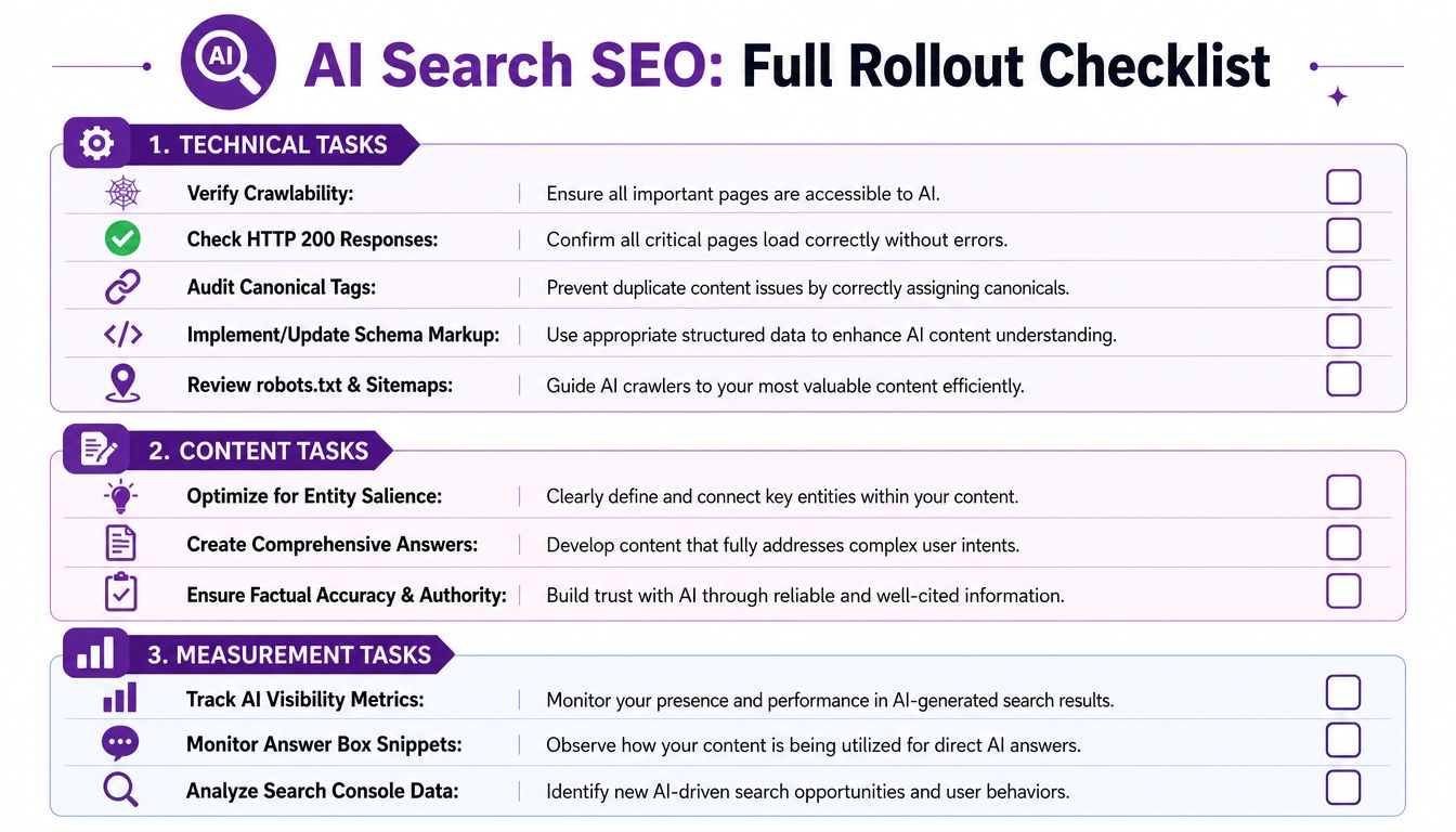 A structured checklist for AI Search SEO, outlining essential technical, content, and measurement tasks for optimization.